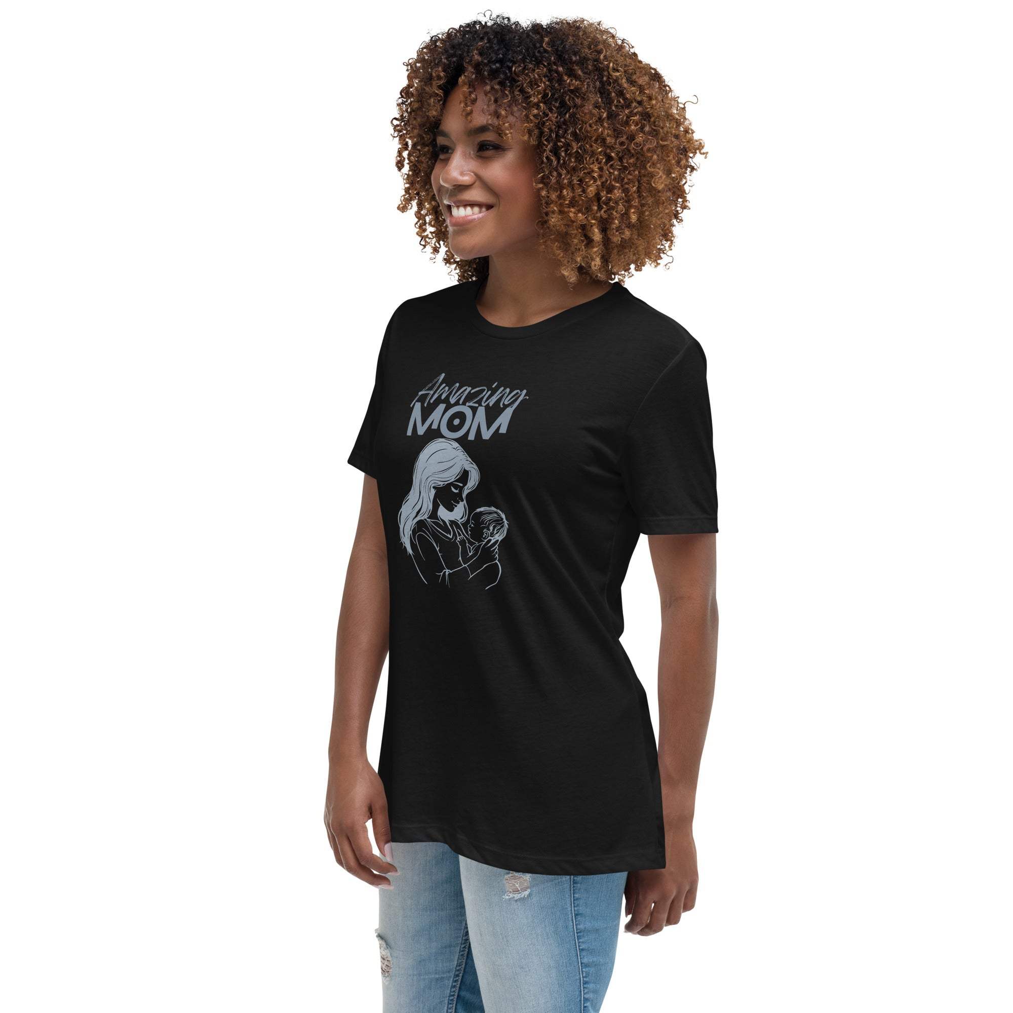 Woman wearing black Amazing Mom T-Shirt with mother and child graphic and text design