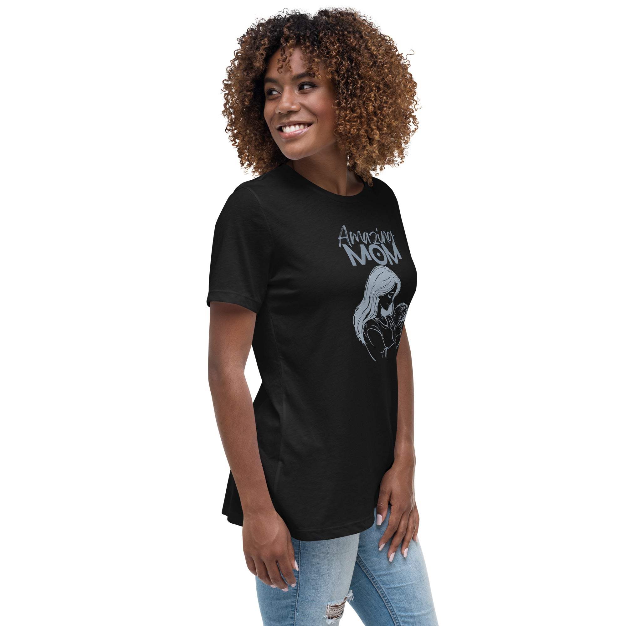 Woman wearing black Amazing Mom T-Shirt with stylish print and casual jeans