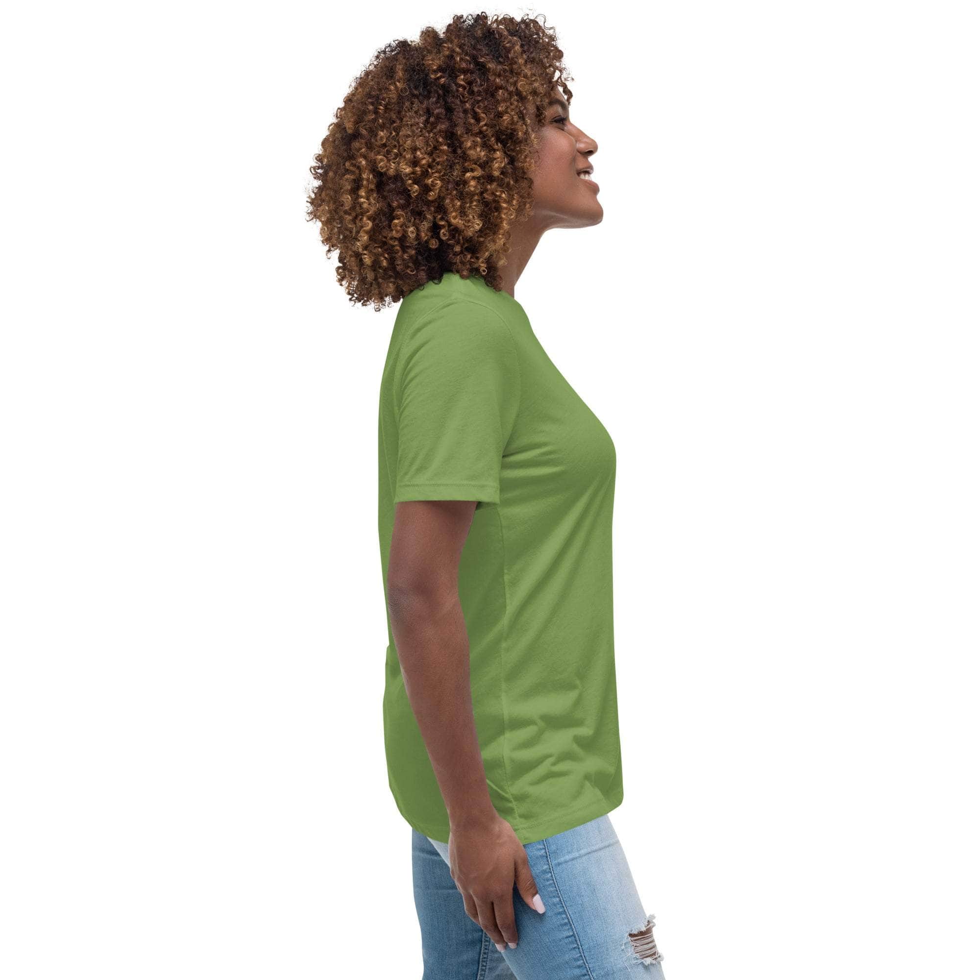 Side view of woman wearing a green Amazing Mom T-Shirt in soft cotton with a flattering fit and casual style