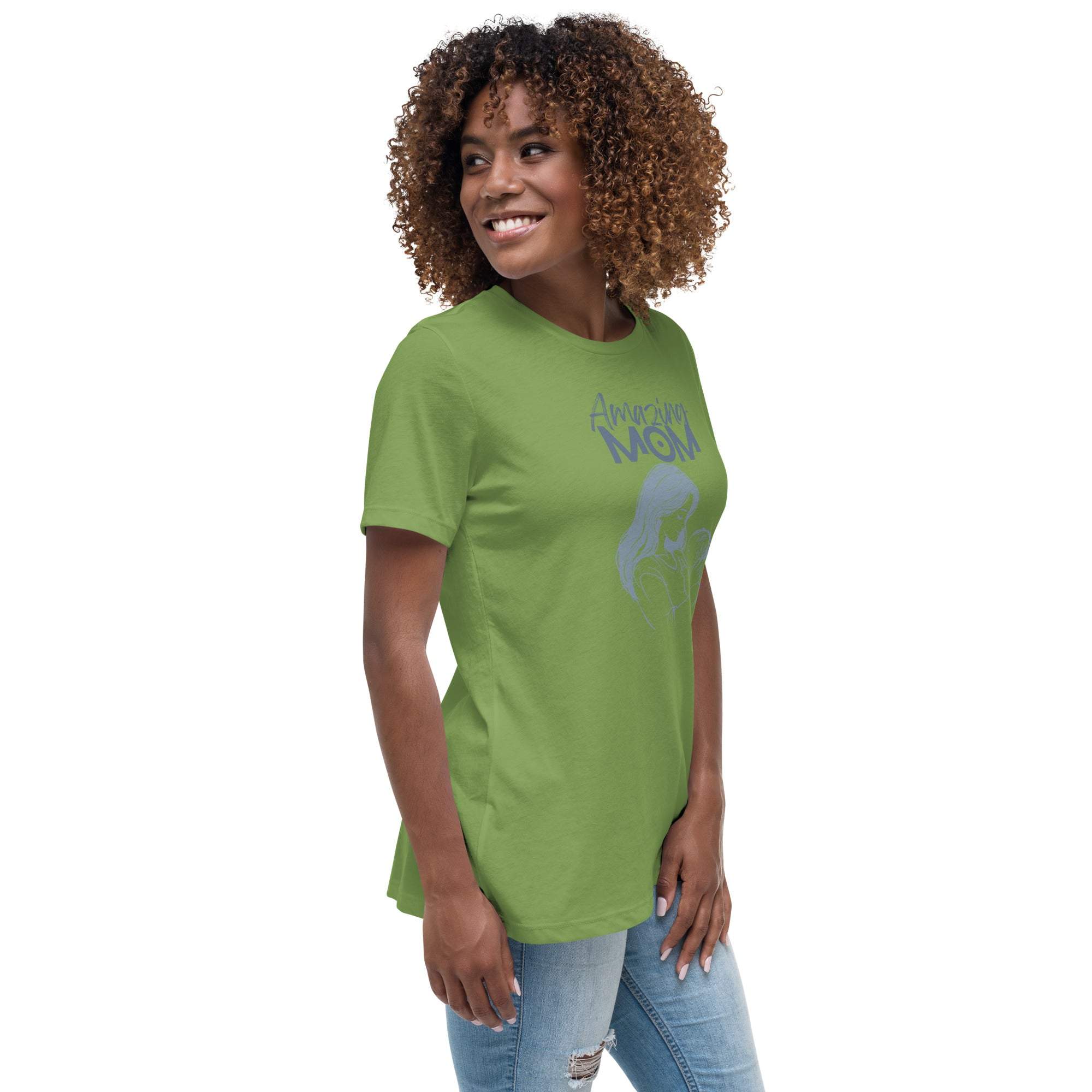 Green Amazing Mom T-Shirt with graphic design worn by smiling woman with curly hair and casual jeans