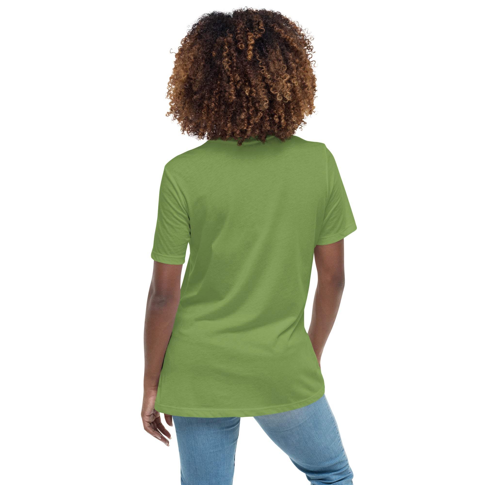 Back view of a woman wearing a green Amazing Mom T-shirt with short sleeves and a flattering fit paired with blue jeans