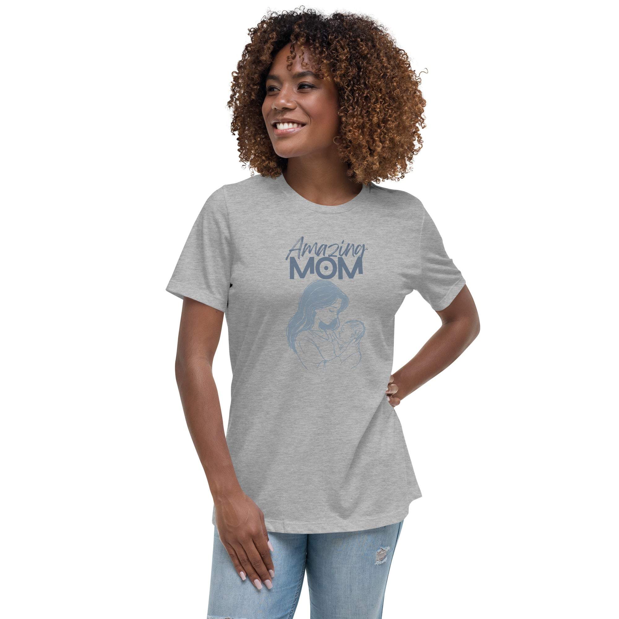Woman wearing grey Amazing Mom T-shirt with mother and baby graphic and casual jeans