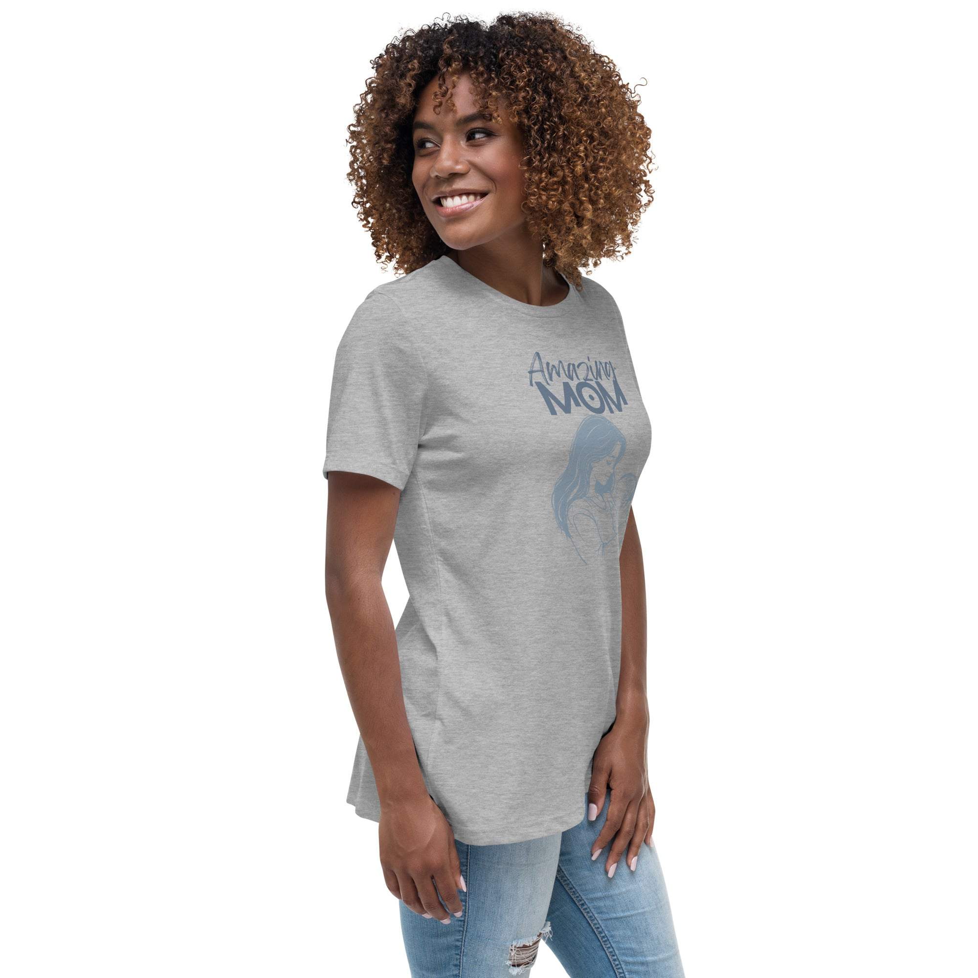 Woman wearing a grey Amazing Mom T-shirt with a flattering fit and casual style