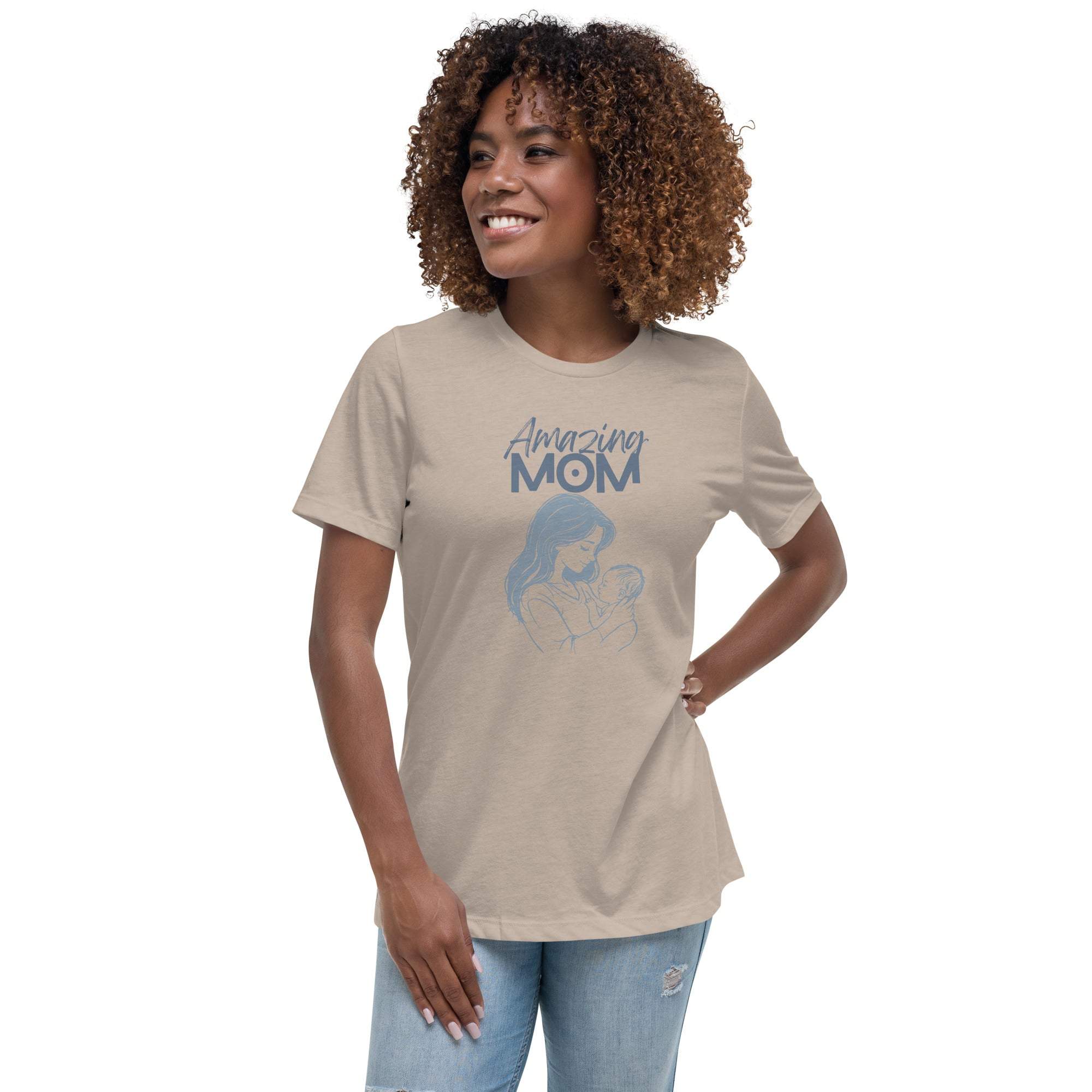 Woman wearing beige Amazing Mom T-Shirt with mother and baby graphic and text design