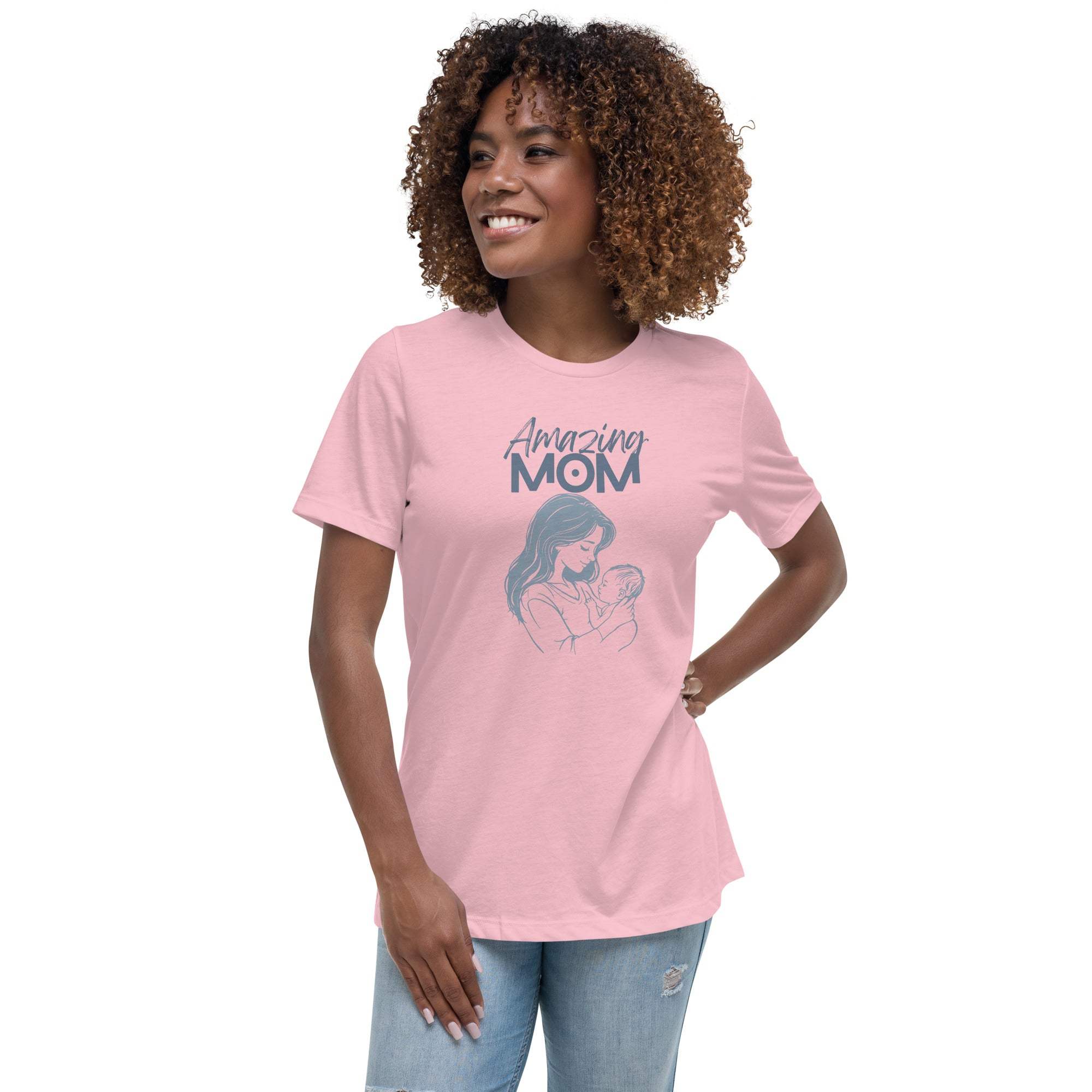 Woman wearing pink Amazing Mom T-Shirt with mother and baby graphic and text design