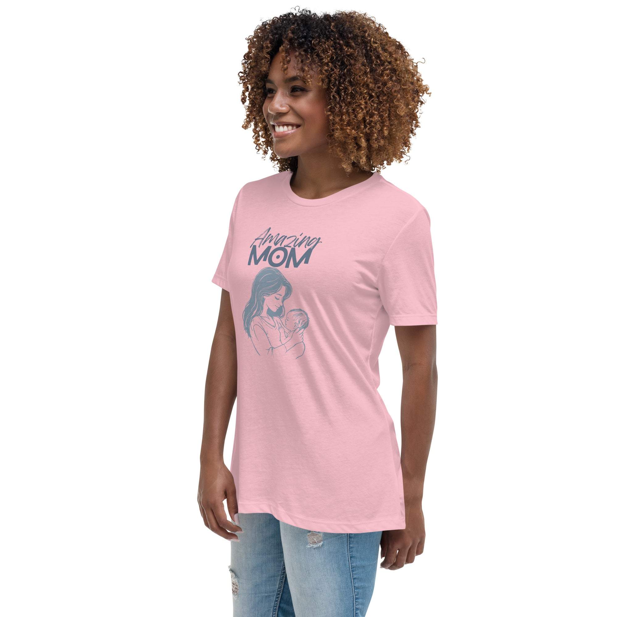 Woman wearing a pink Amazing Mom T-Shirt with a mother and baby illustration on the front.