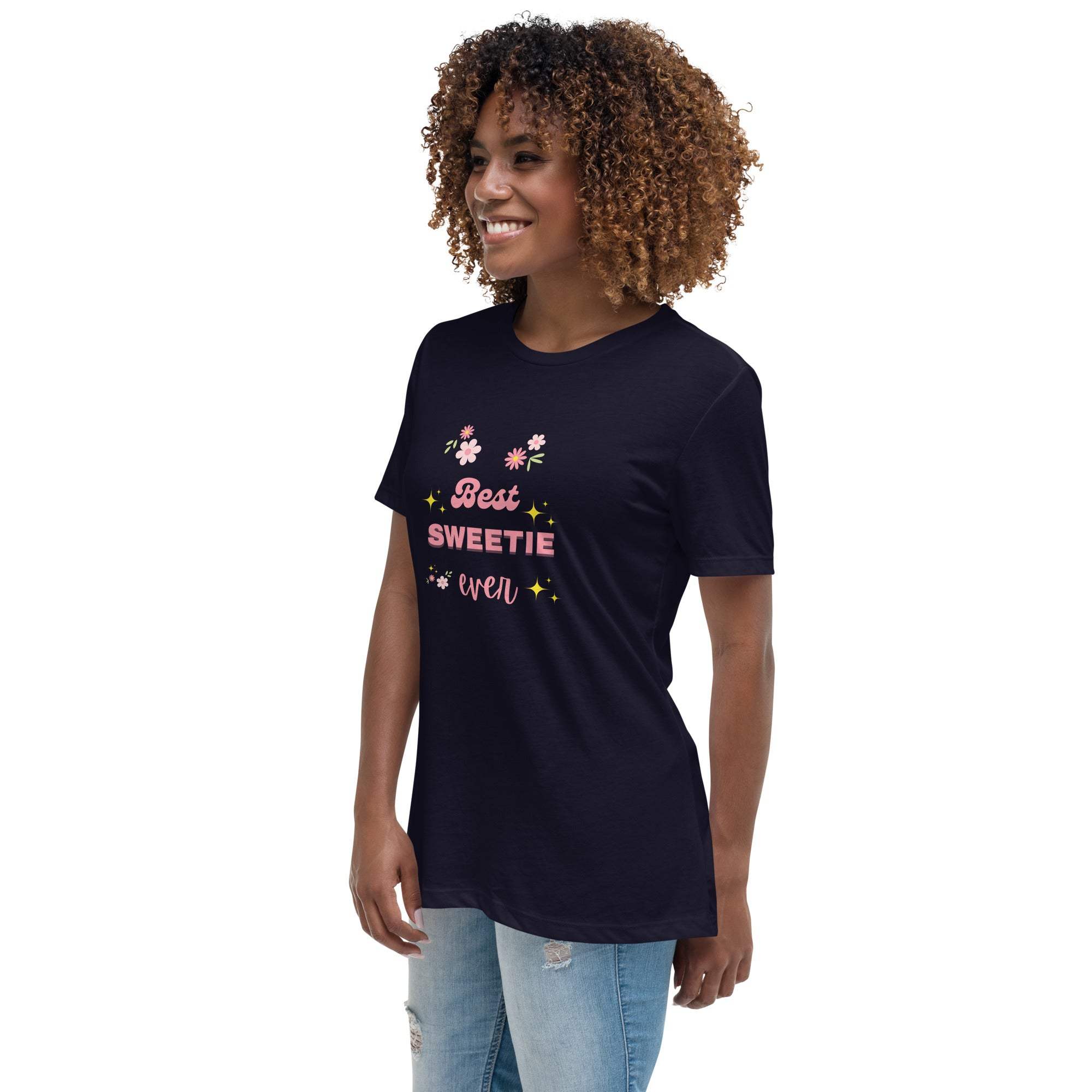 Woman wearing black Best Sweetie Ever t-shirt with floral and star design