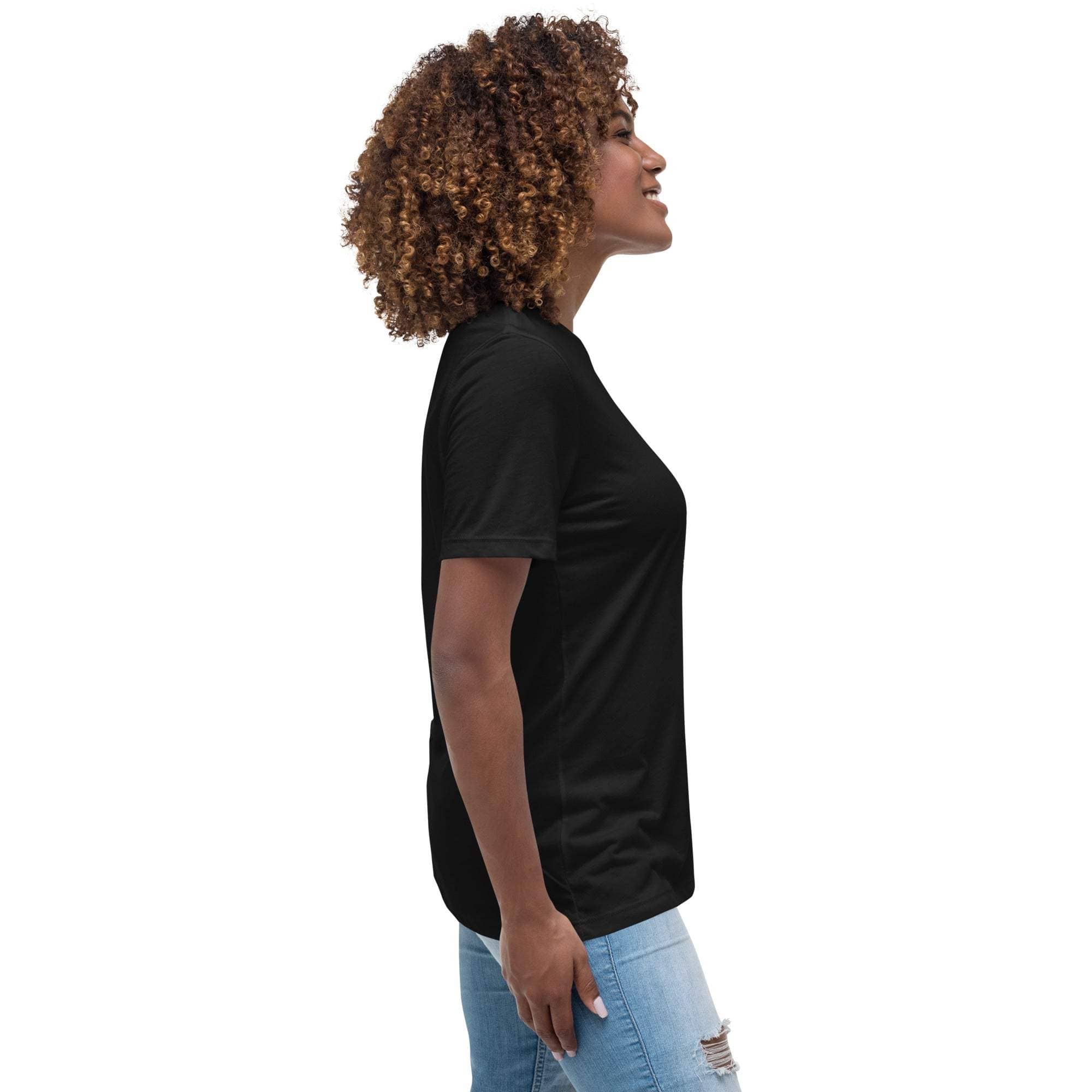 Woman wearing black Best Sweetie Ever t-shirt with floral and star design, side view
