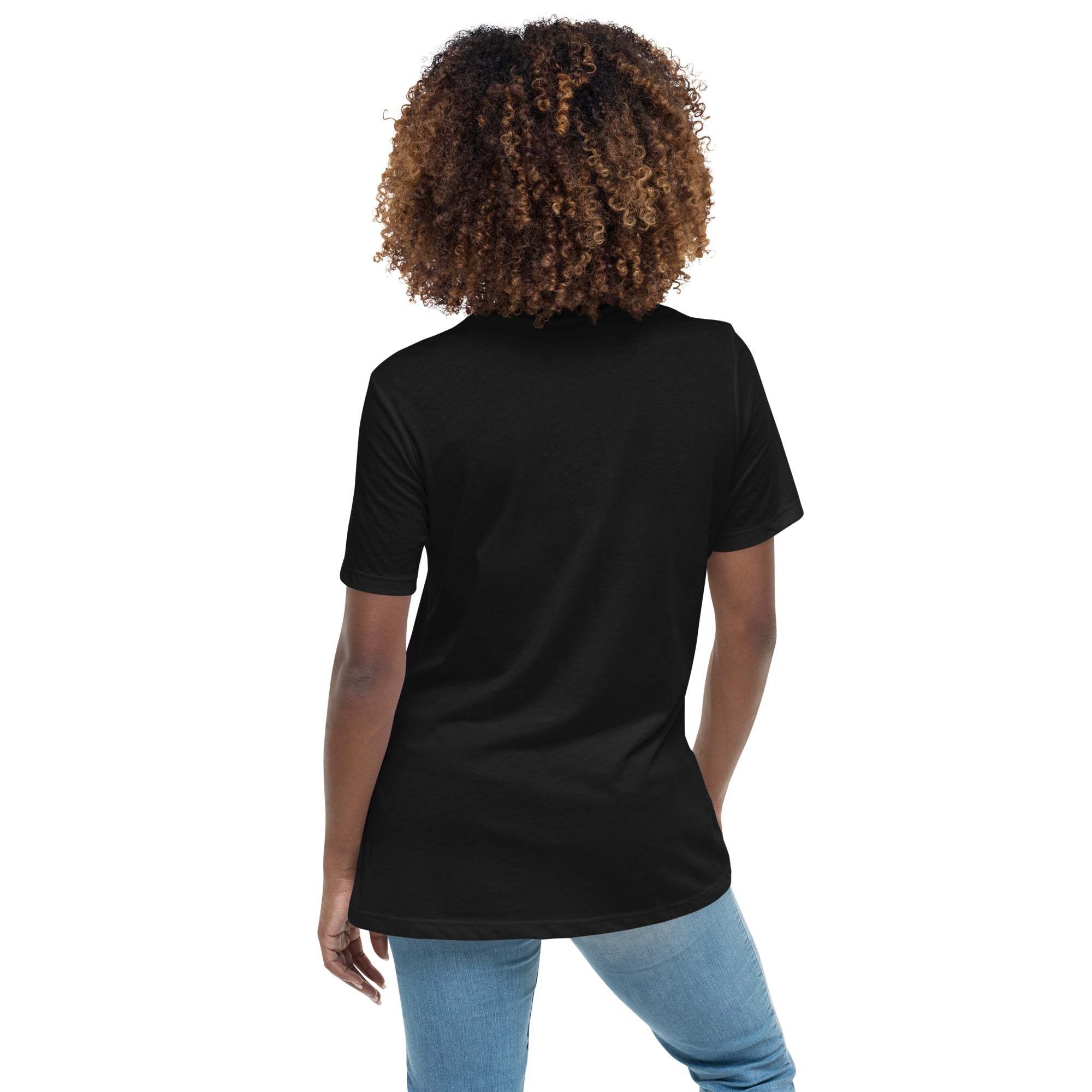 Woman wearing a black "Best Sweetie Ever" t-shirt made of soft cotton, shown from the back with curly hair and blue jeans.