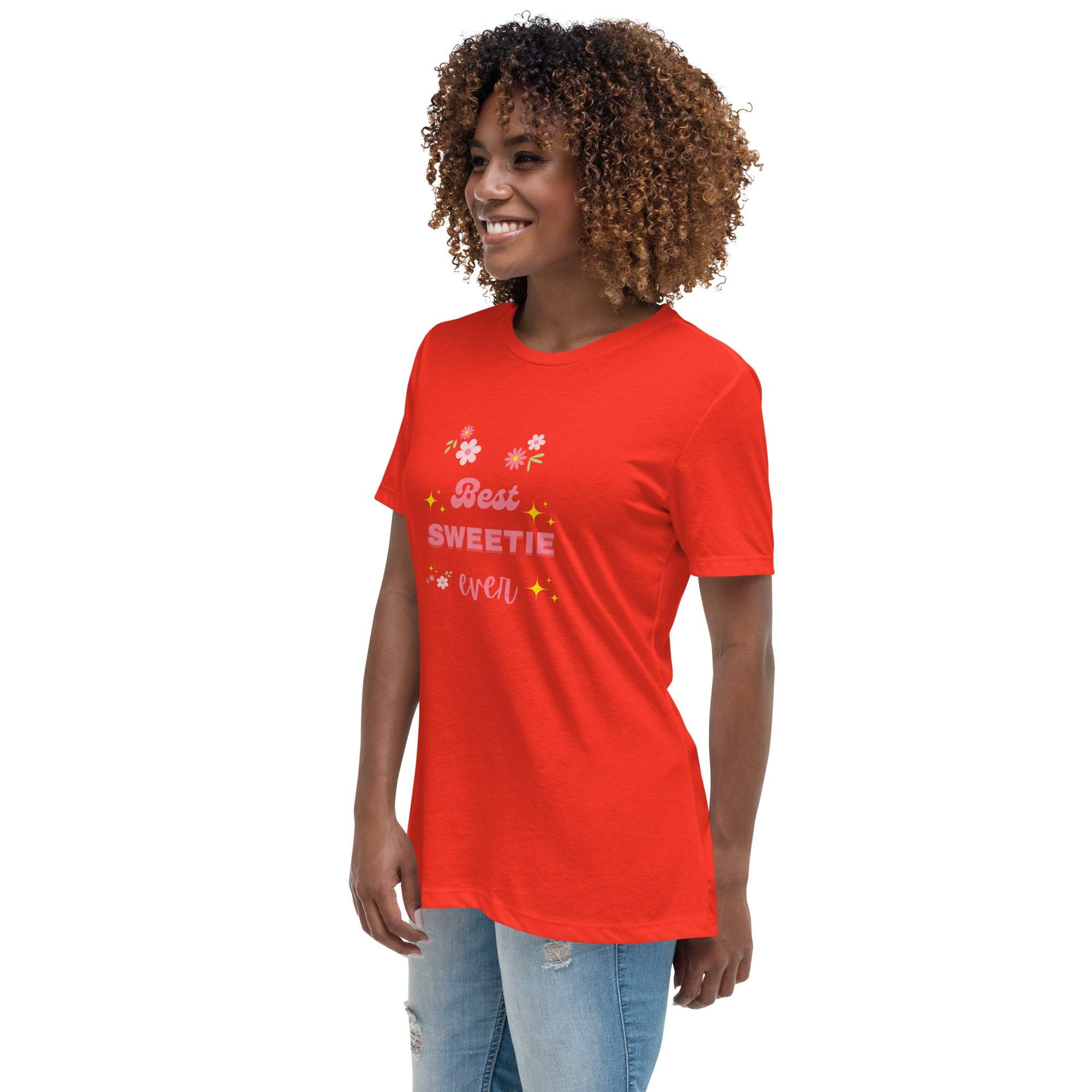 Woman wearing red Best Sweetie Ever t-shirt with floral and star design
