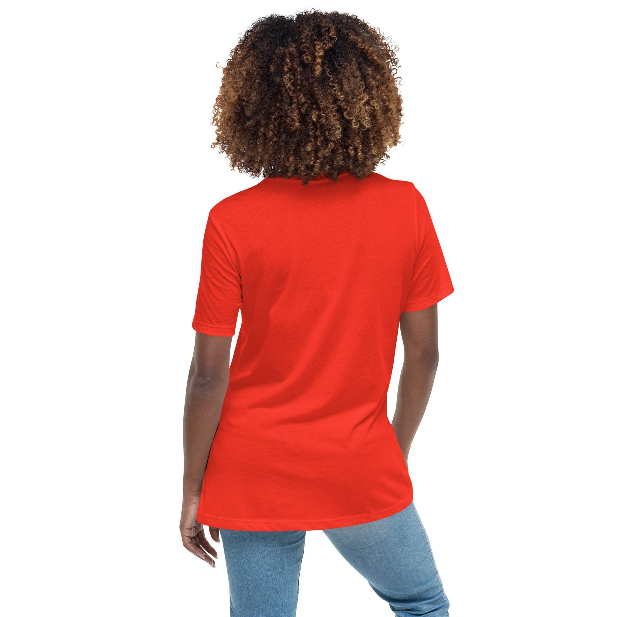 Woman wearing a red "Best Sweetie Ever" t-shirt made of soft cotton, shown from the back