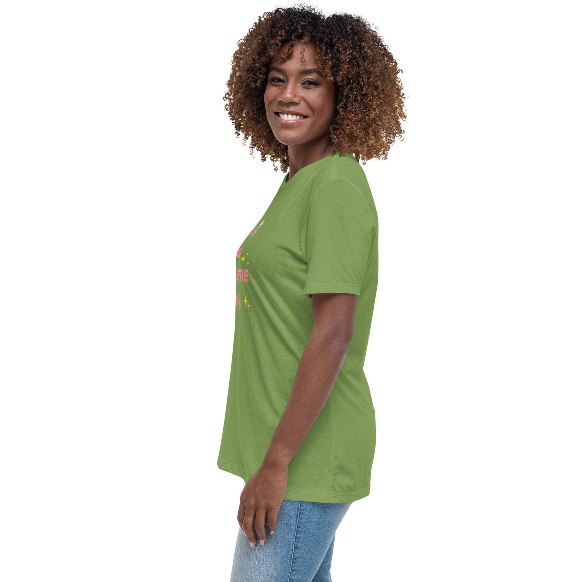 Woman wearing green Best Sweetie Ever t-shirt with floral and star design, paired with jeans