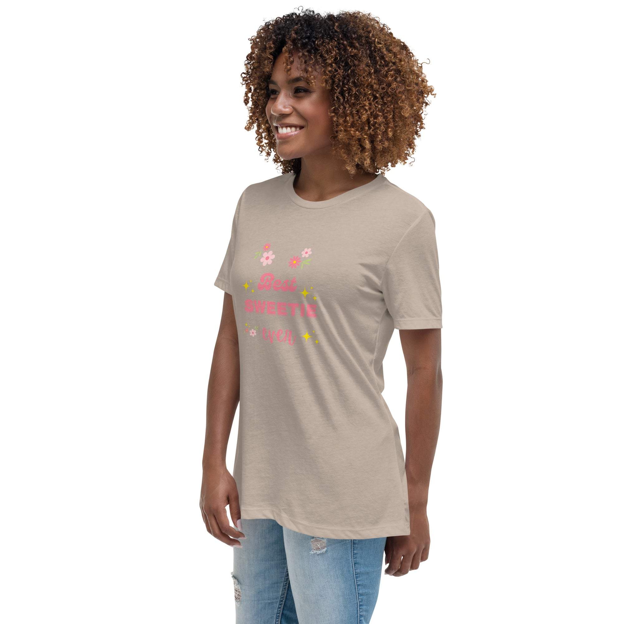 Woman wearing beige "Best Sweetie Ever" floral and star print soft cotton t-shirt with casual fit