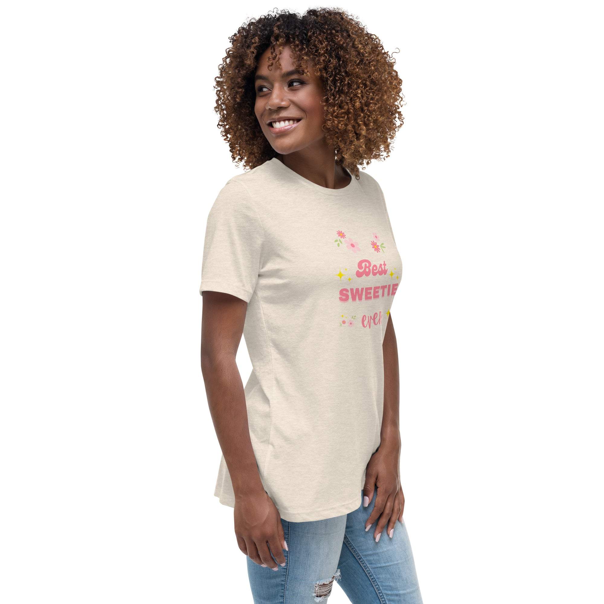 Woman wearing Best Sweetie Ever floral and star print beige t-shirt with jeans