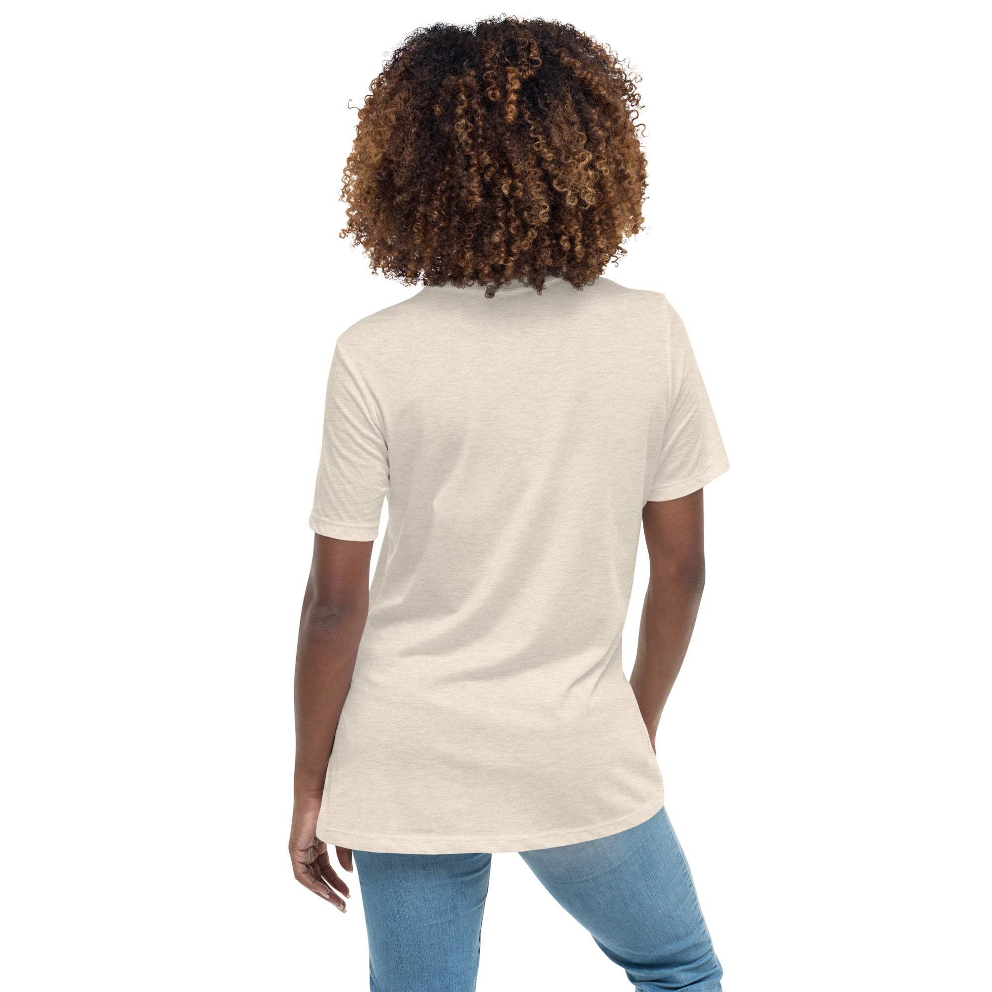 Woman wearing beige Best Sweetie Ever t-shirt with short sleeves and blue jeans, back view