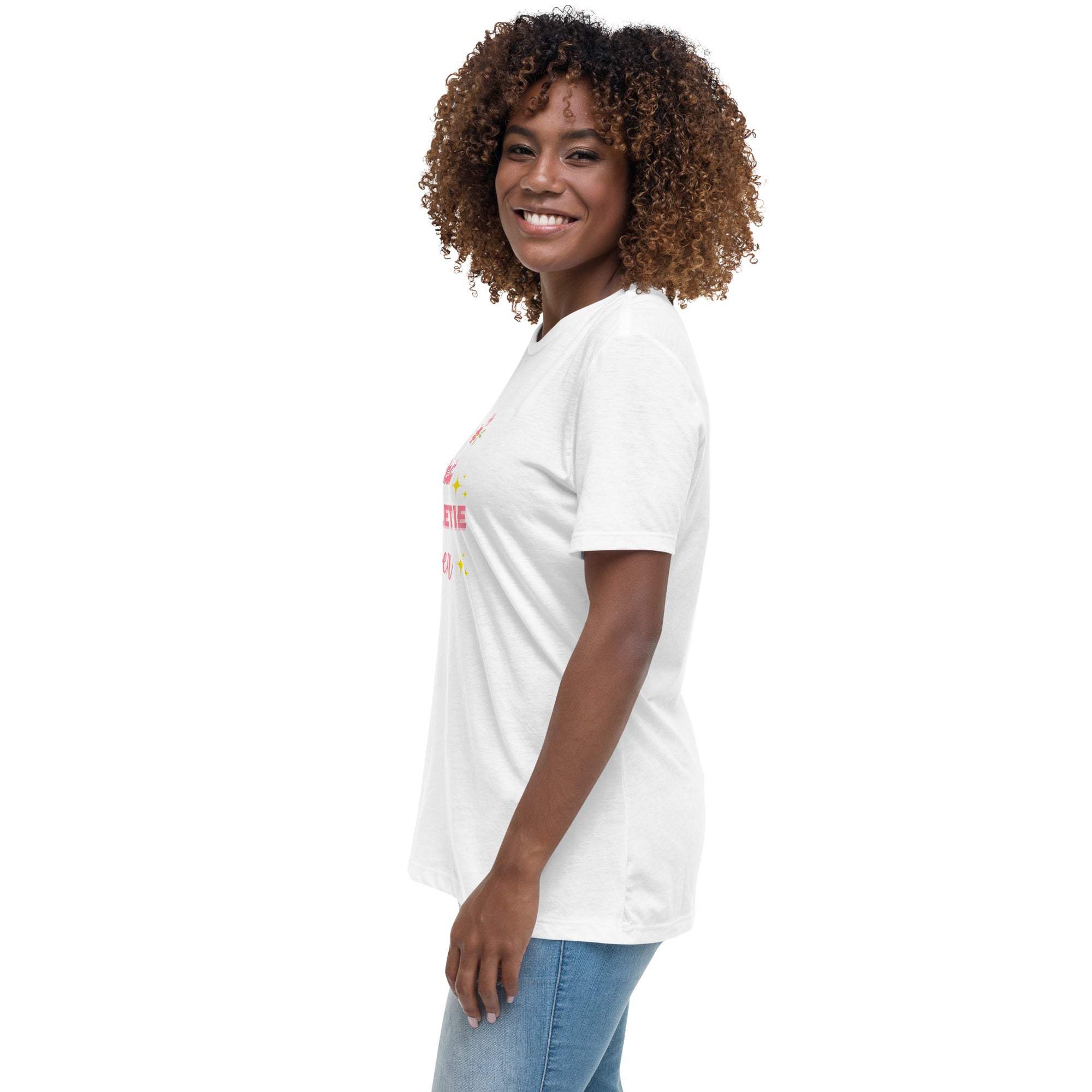 Woman wearing white "Best Sweetie Ever" cotton t-shirt with floral and star design, styled casually with jeans.