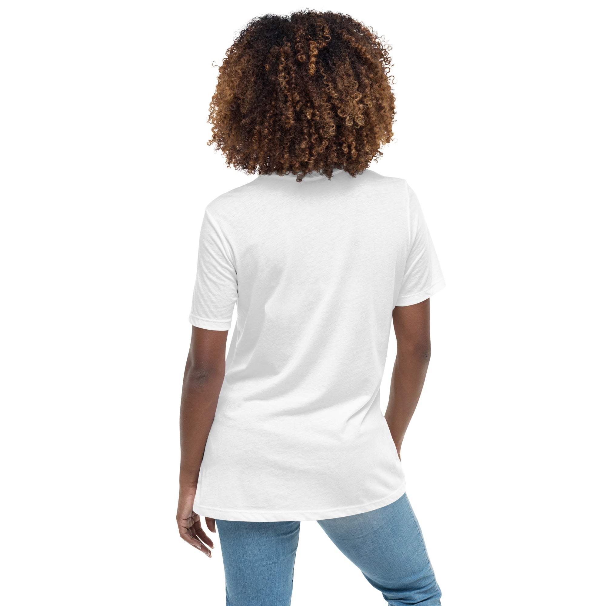 Woman wearing white Best Sweetie Ever t-shirt made of soft breathable cotton viewed from the back.