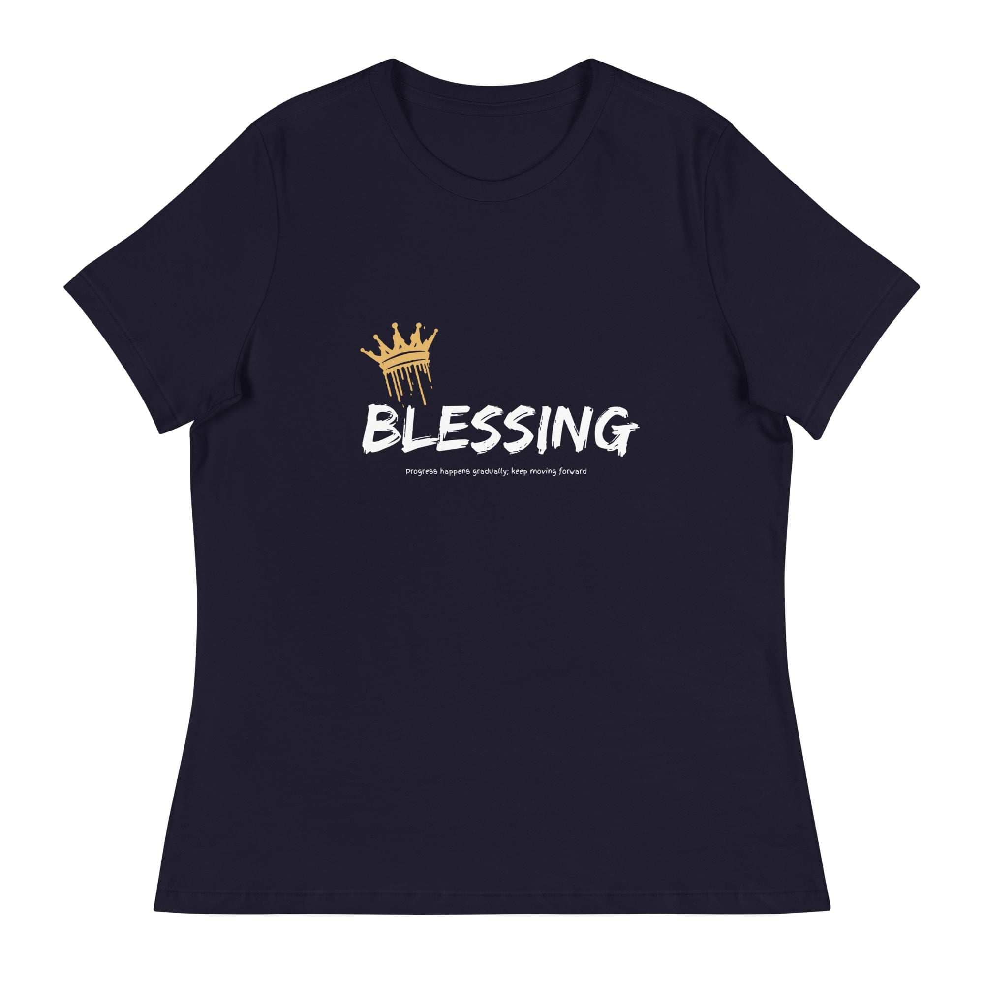 Navy Blessings T-Shirt with gold crown graphic and bold white text, unisex cotton Christian faith tee.
