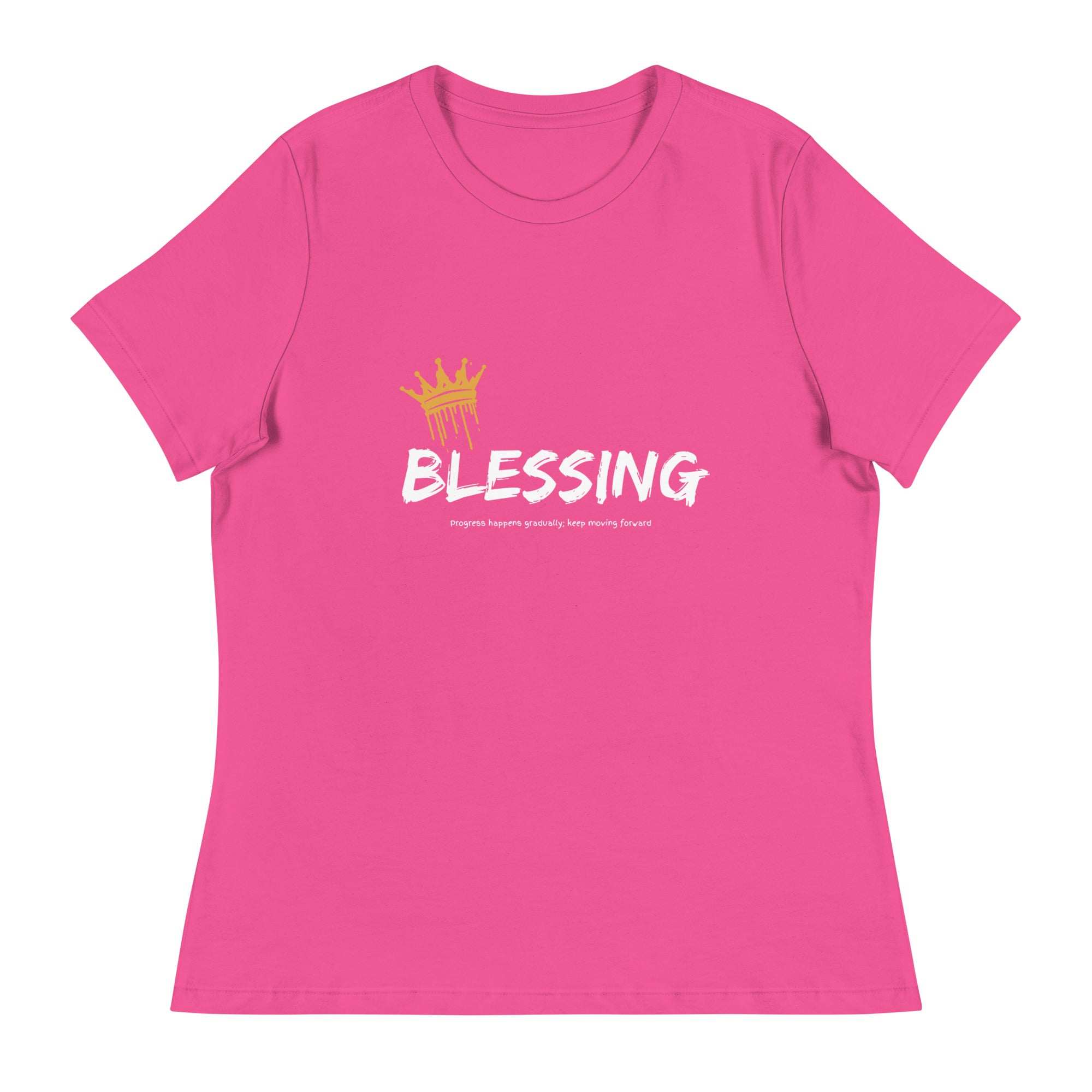 Pink Blessings T-Shirt with gold crown graphic and bold white faith-inspired typography, unisex cotton tee for Christian positivity and gratitude.