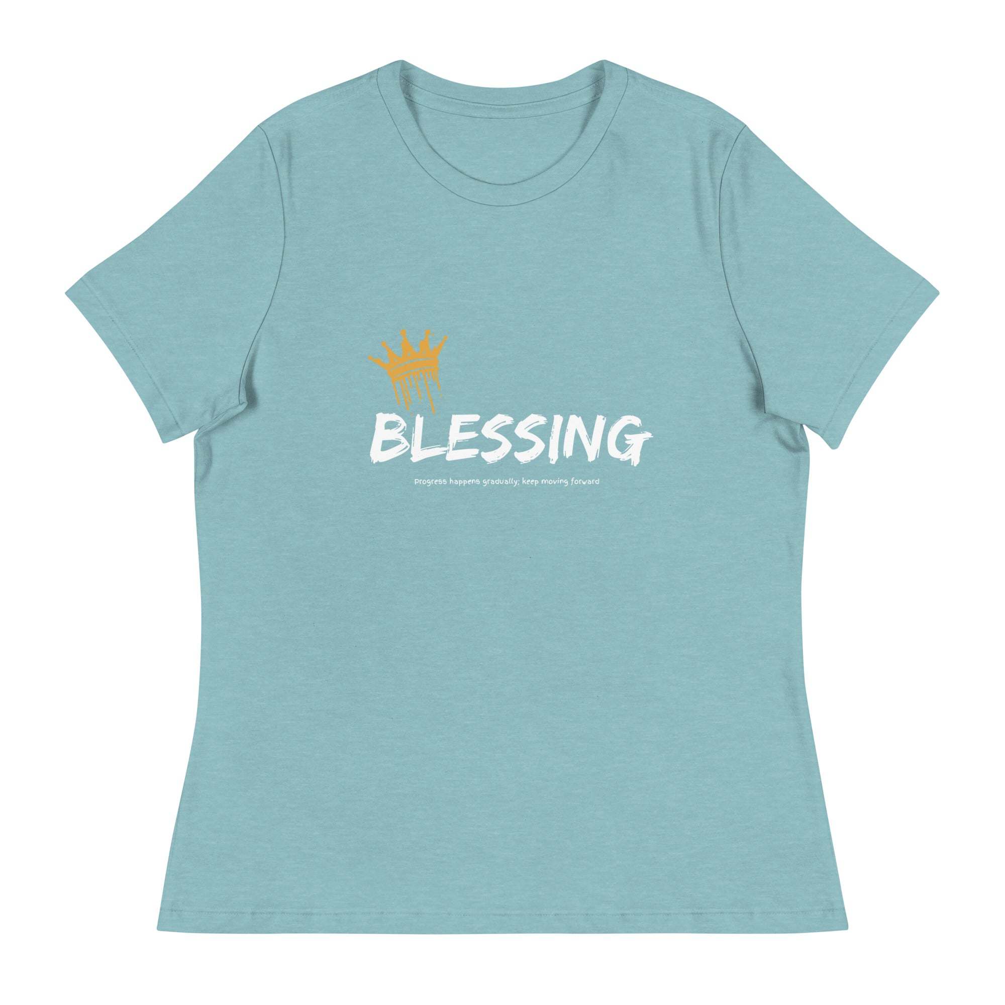 Light blue Blessings T-Shirt with a gold crown graphic and bold white text, made from soft cotton for unisex faith-inspired wear.
