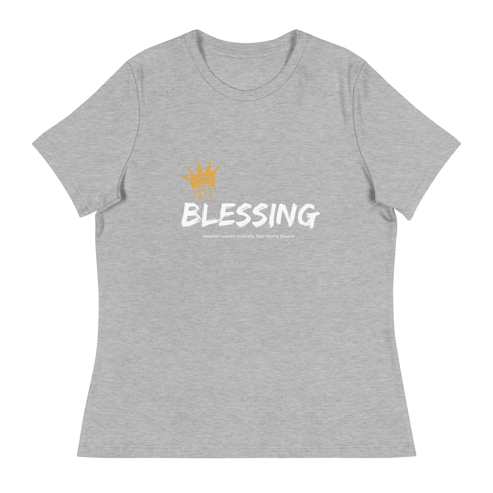 Gray unisex Blessings T-Shirt with gold crown graphic and white "Blessing" text on front, made of soft cotton.