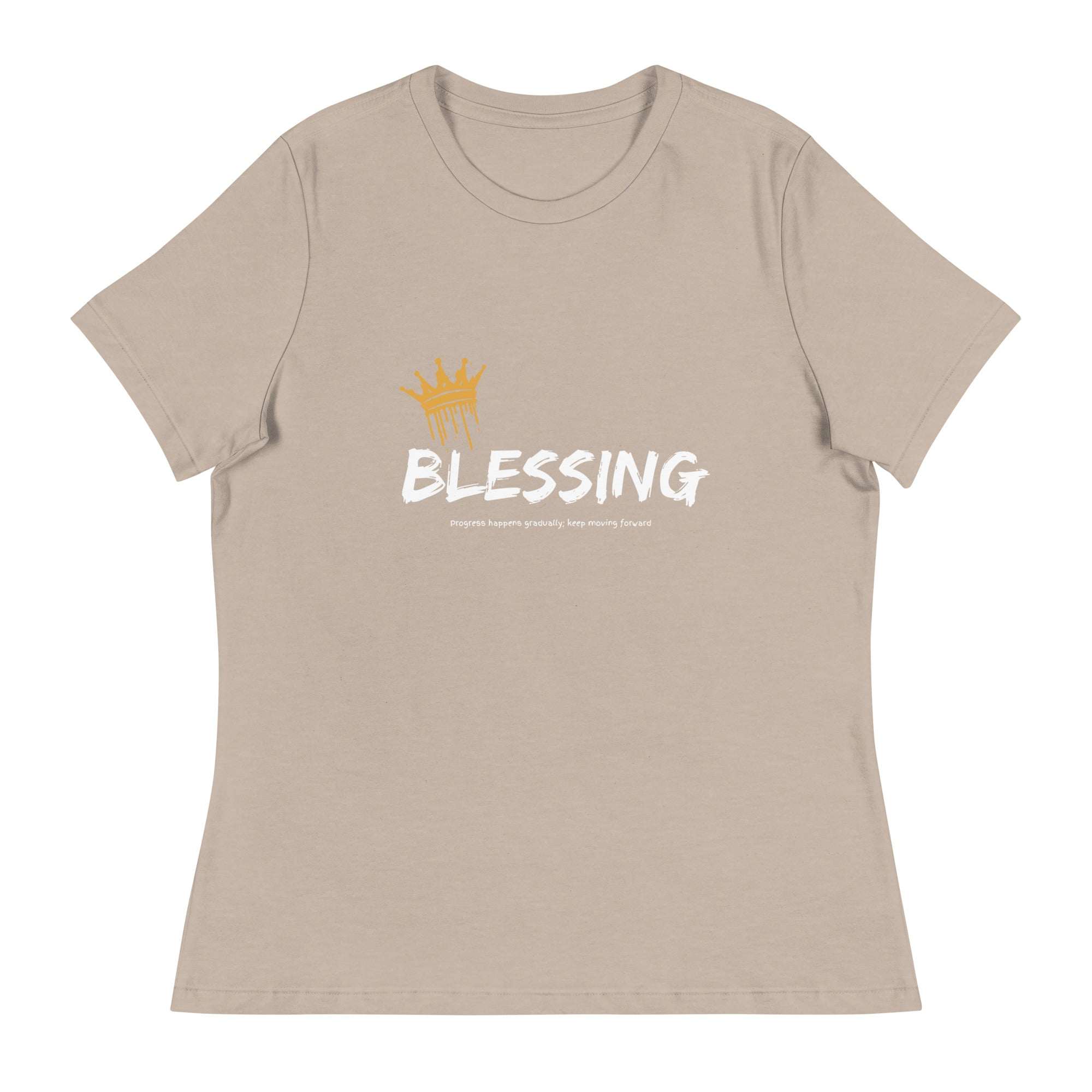 Unisex Blessings T-Shirt in beige with white text and gold crown graphic, soft breathable cotton faith tee