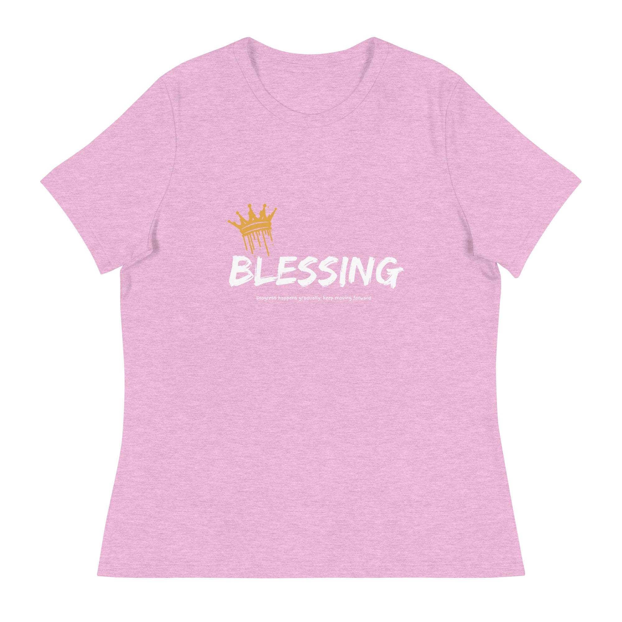 Pink unisex Blessings T-Shirt with gold crown graphic and white bold text design, soft cotton faith-inspired shirt.