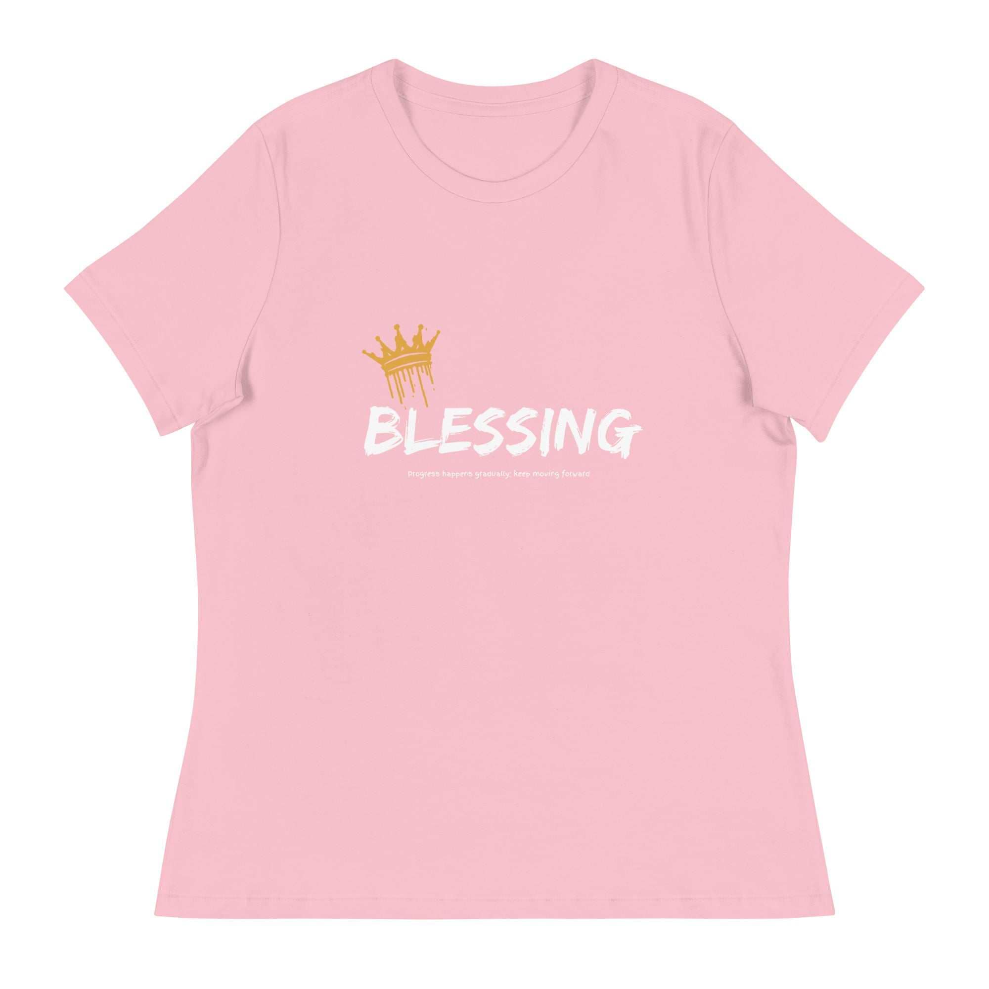 Pink Blessings T-Shirt with gold crown graphic and white bold text symbolizing faith and positivity