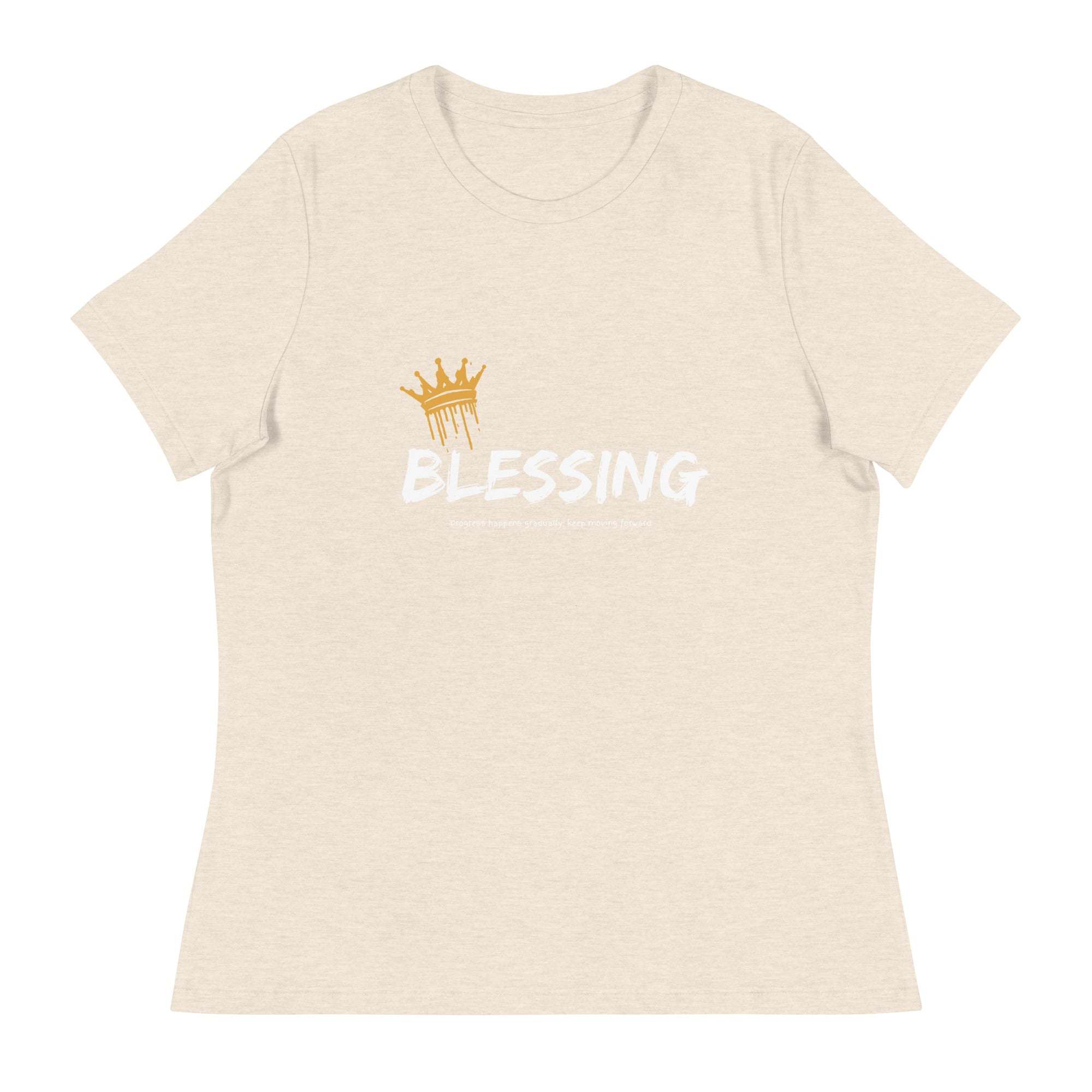 Unisex beige Blessings T-Shirt with a gold crown graphic and white bold "Blessing" text, made from soft breathable cotton, faith-inspired design.