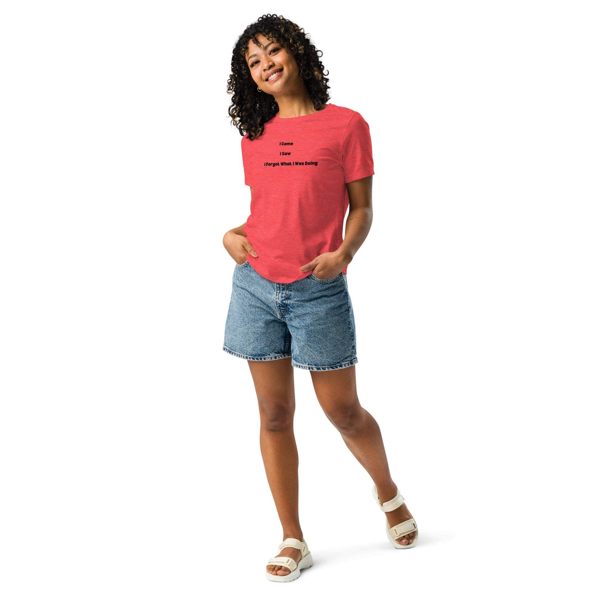 Woman wearing red "I Came I Saw I Forgot What I Was Doing" sarcastic tee with denim shorts and white sandals