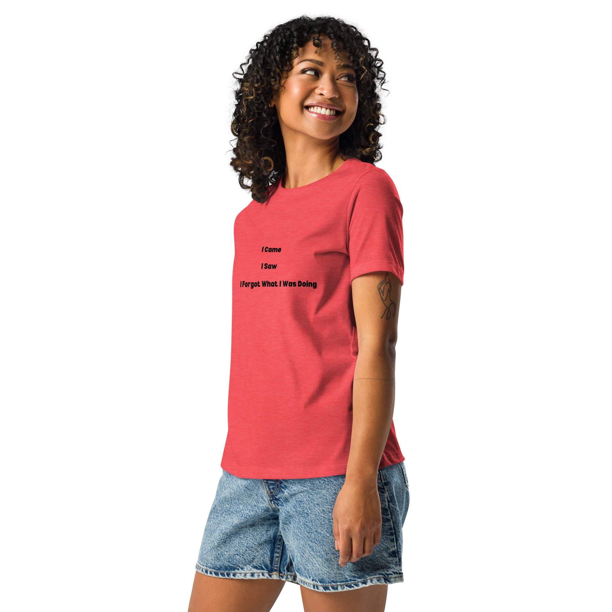Woman wearing red "I Came I Saw I Forgot What I Was Doing" sarcastic tee with denim shorts