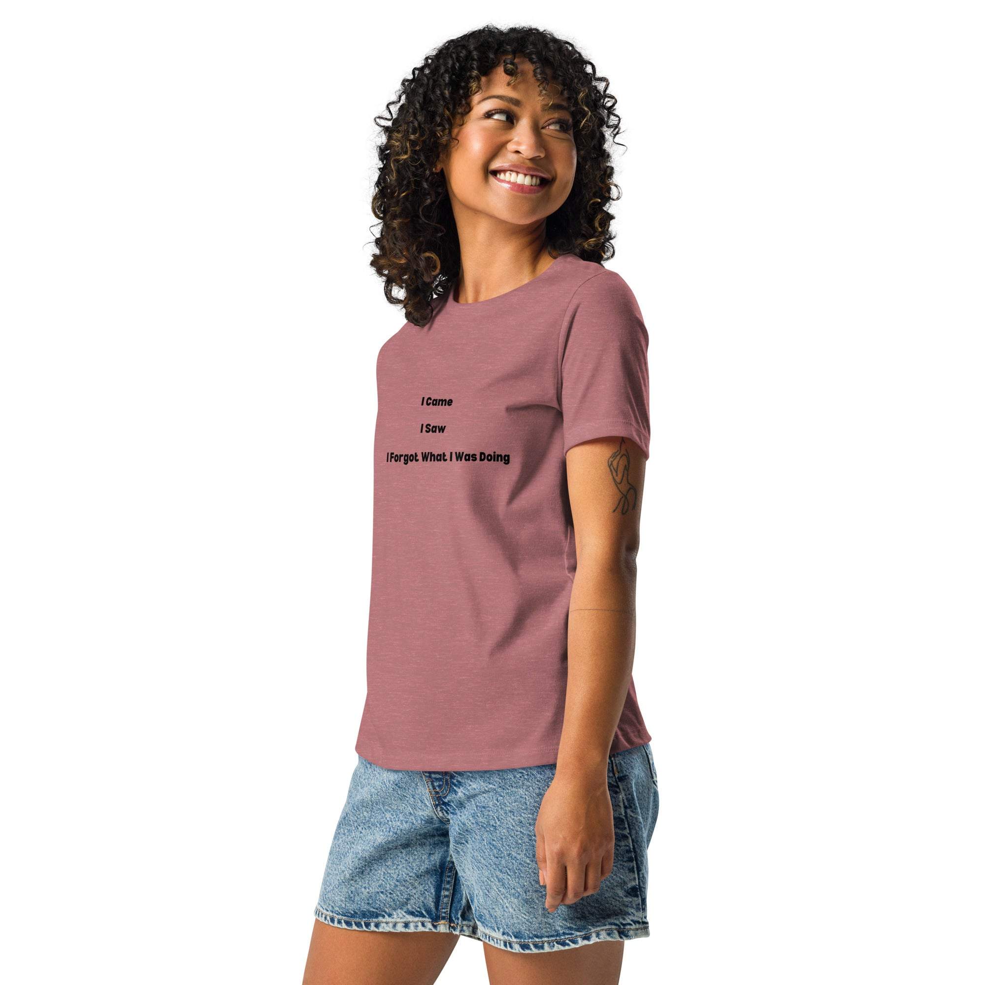 Woman wearing a dusty rose "I Came I Saw I Forgot What I Was Doing" sarcastic t-shirt with denim shorts