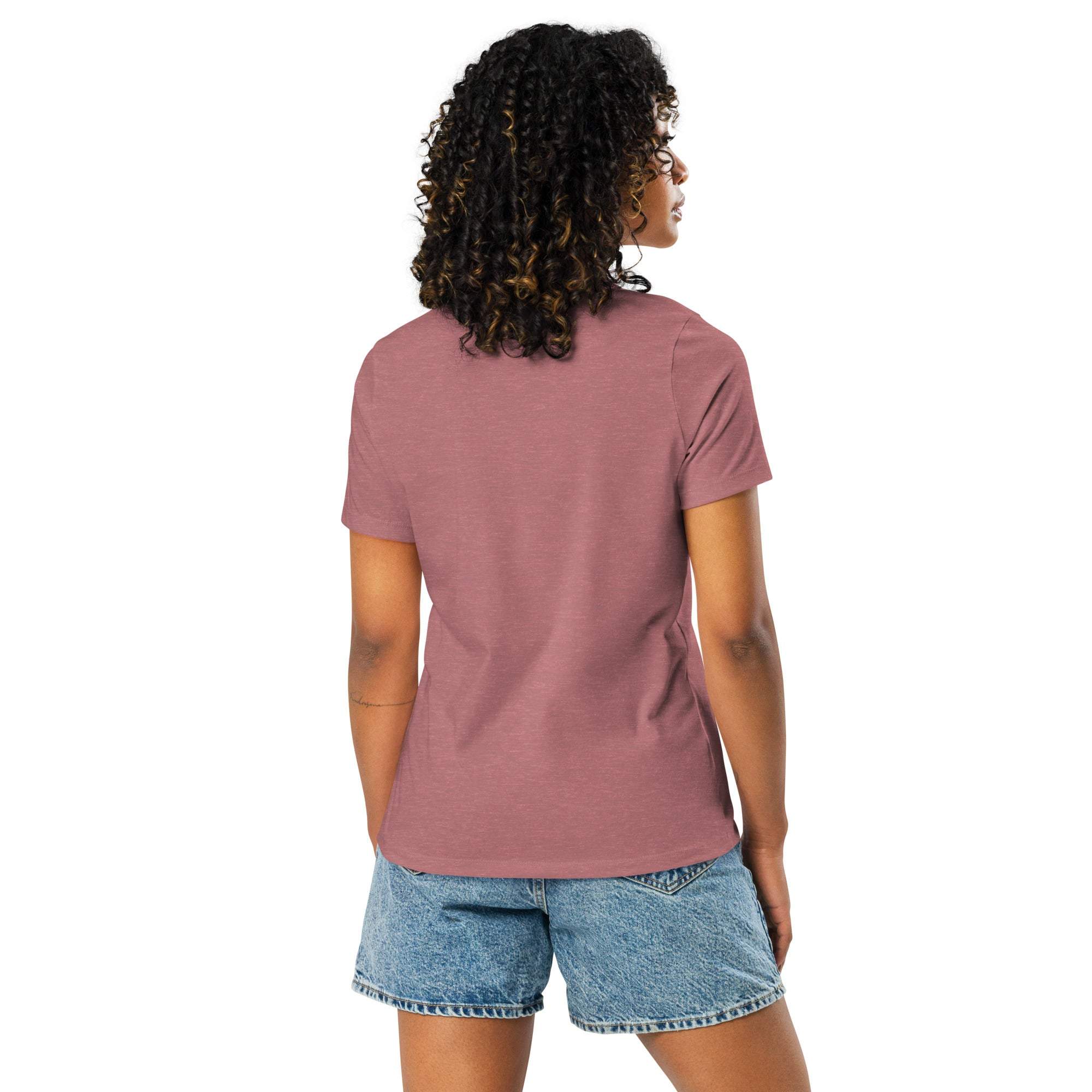 Woman wearing mauve "I Came I Saw I Forgot" sarcastic tee with denim shorts, back view