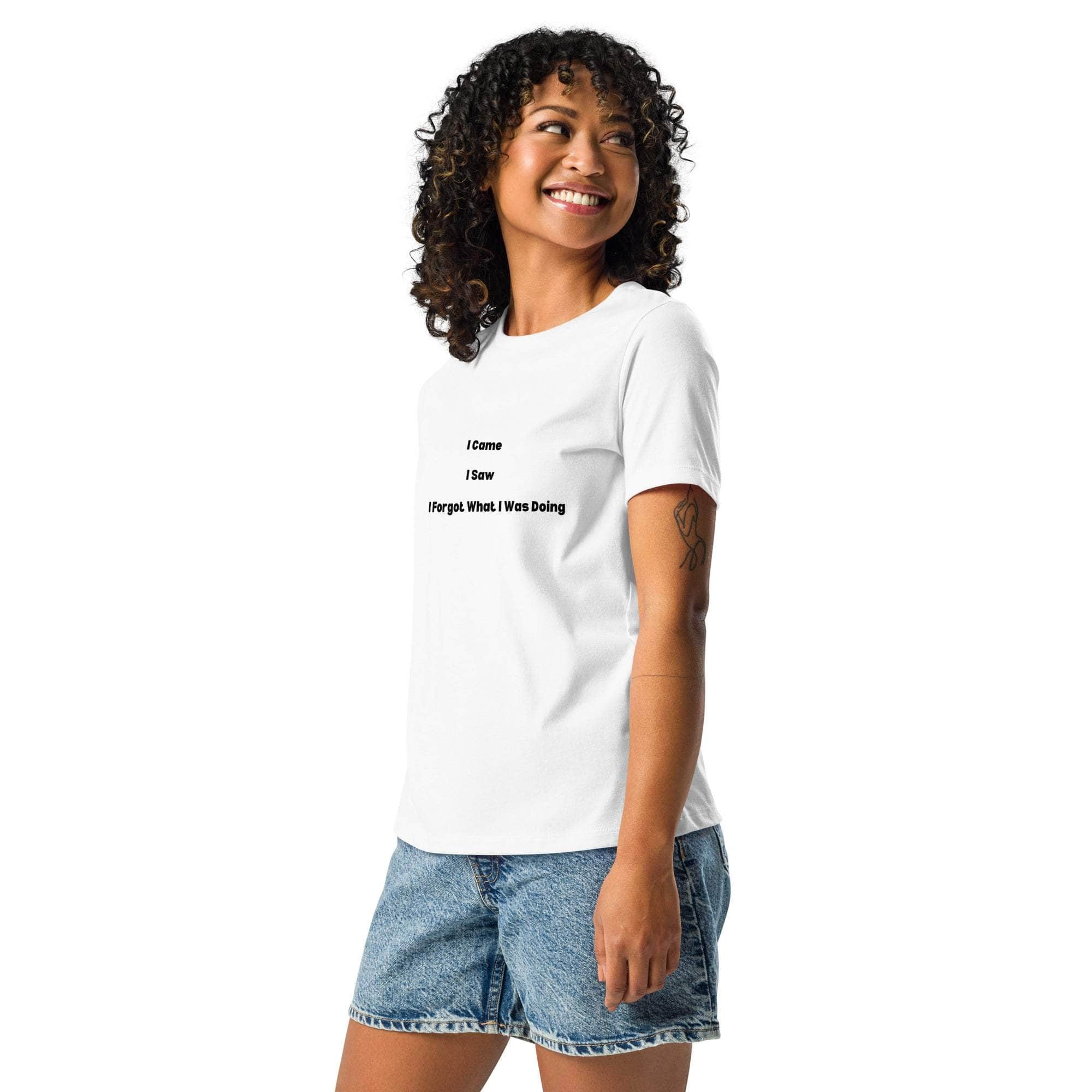 Woman wearing white "I Came, I Saw, I Forgot What I Was Doing" sarcastic printed tee with denim shorts smiling