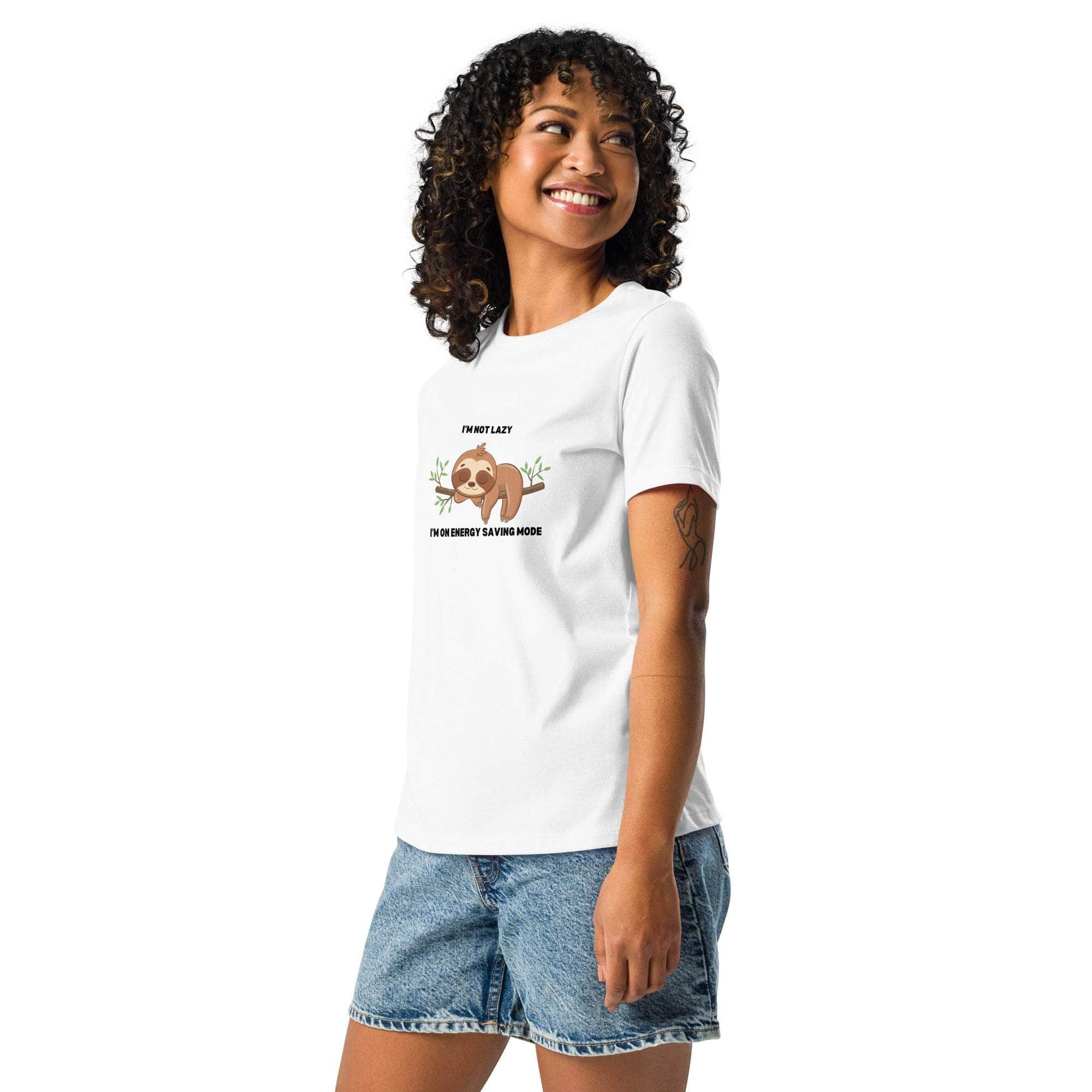 Woman wearing white "I'm Not Lazy, I am On Energy Saving Mode" sloth graphic t-shirt with denim shorts