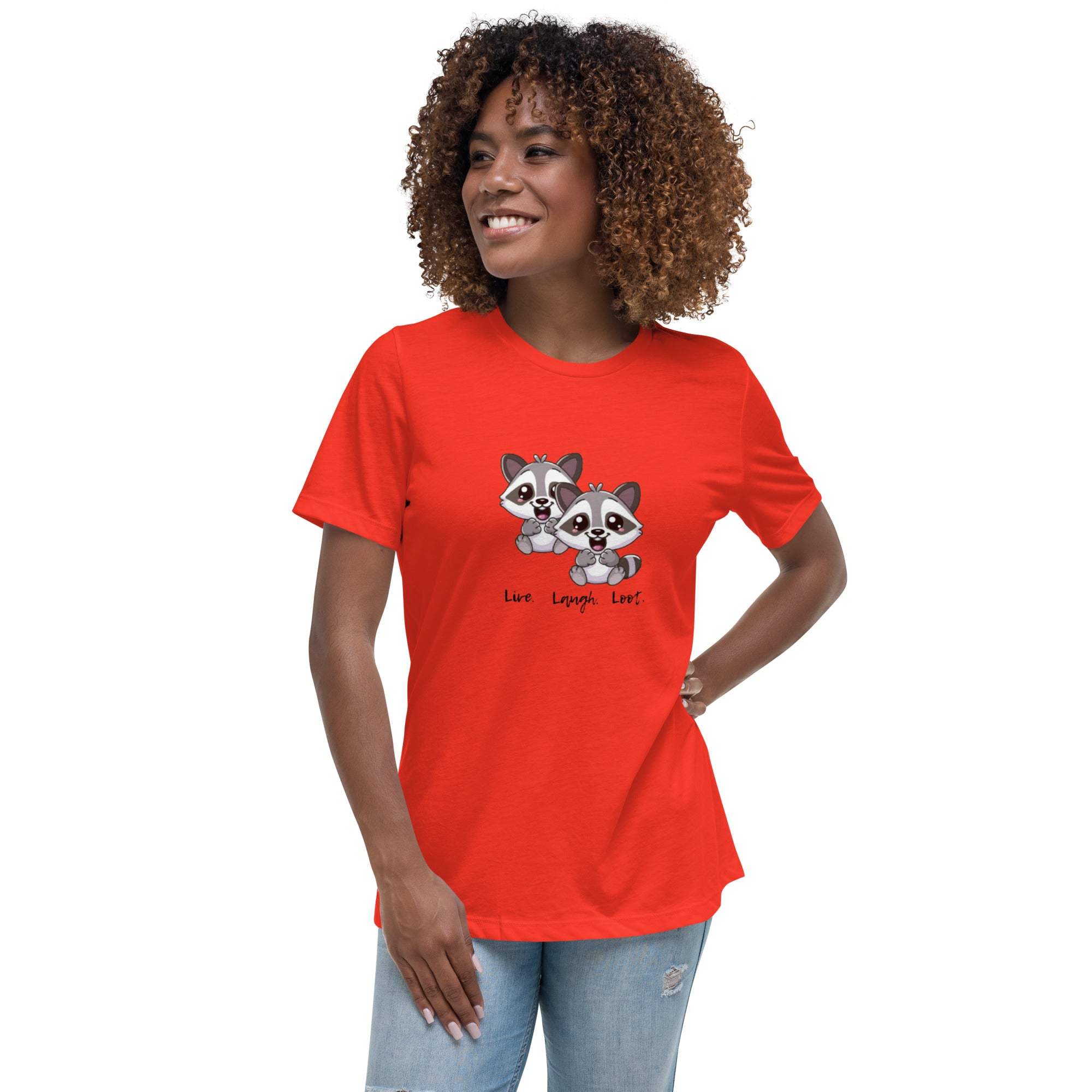 Woman wearing a red Live Laugh Loot T-Shirt featuring two cute raccoons and playful text, paired with light blue jeans.