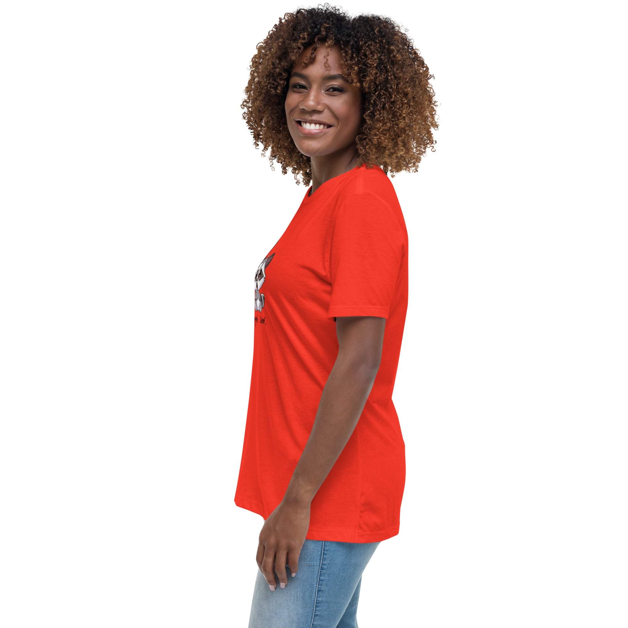 Side view of woman wearing red Live Laugh Loot T-Shirt with raccoon graphic and casual fit
