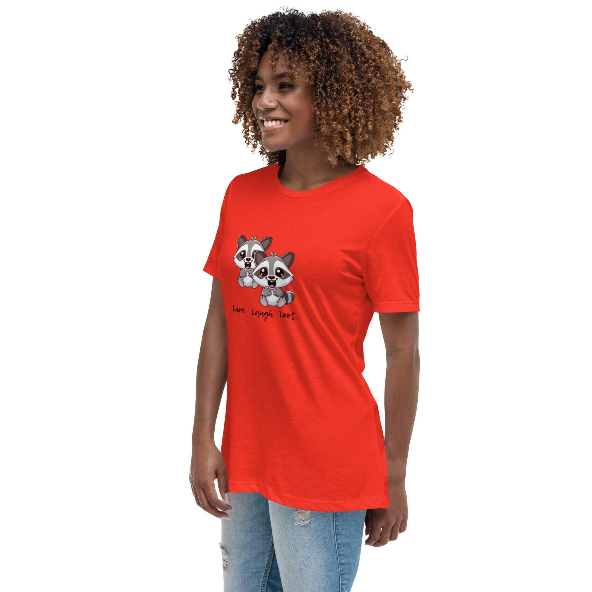Woman wearing red Live Laugh Loot T-shirt with cute raccoon graphic and text on front