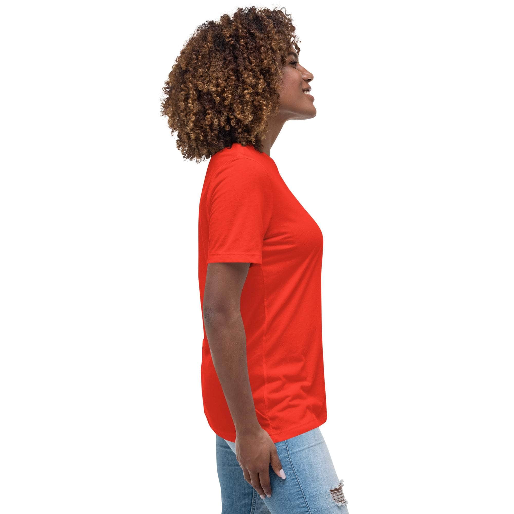 Side view of woman wearing a red Live Laugh Loot T-Shirt made from soft cotton