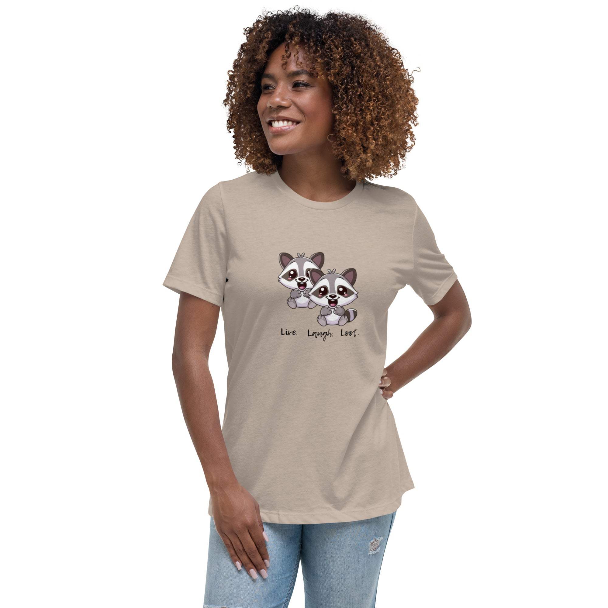 Unisex beige Live Laugh Loot T-Shirt with cute raccoon graphic and playful text, comfortable soft cotton casual tee