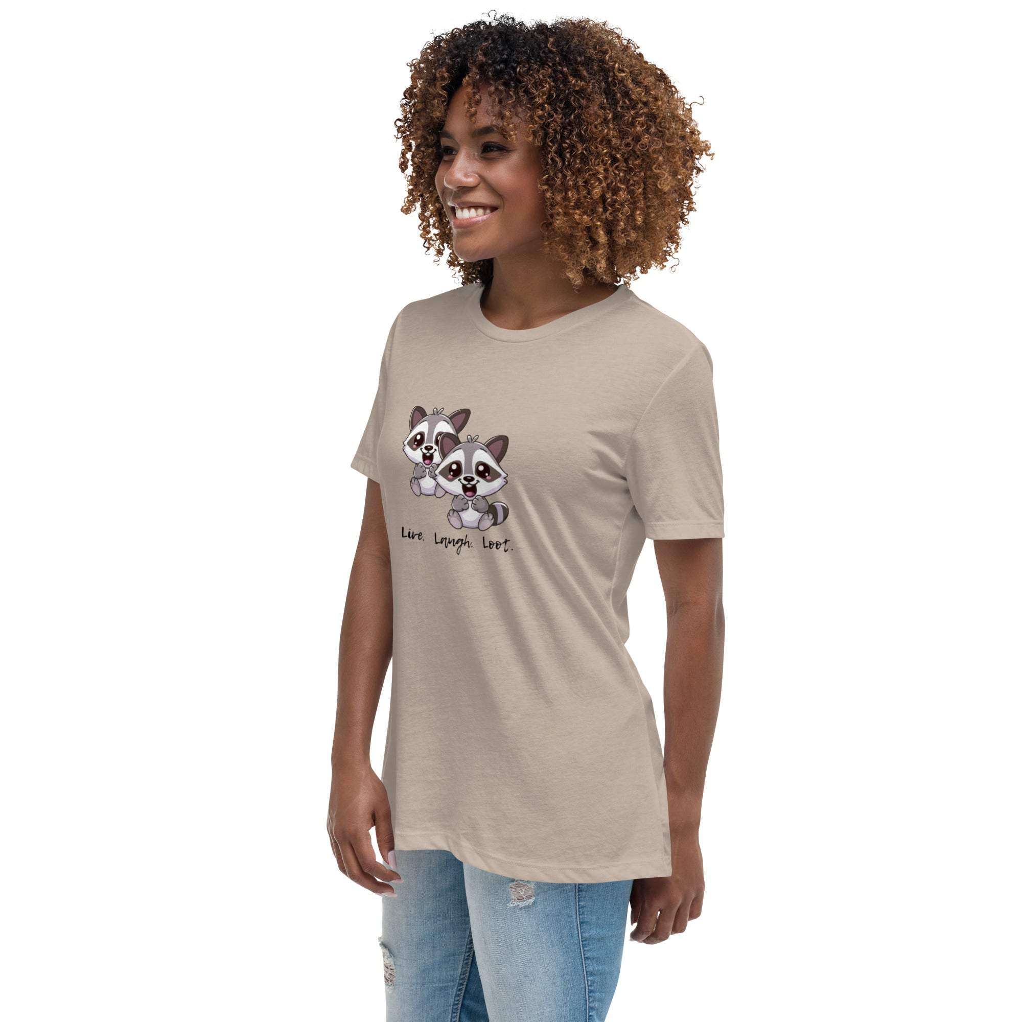 Live Laugh Loot T-Shirt featuring cute raccoon graphic on beige unisex cotton tee worn by smiling woman