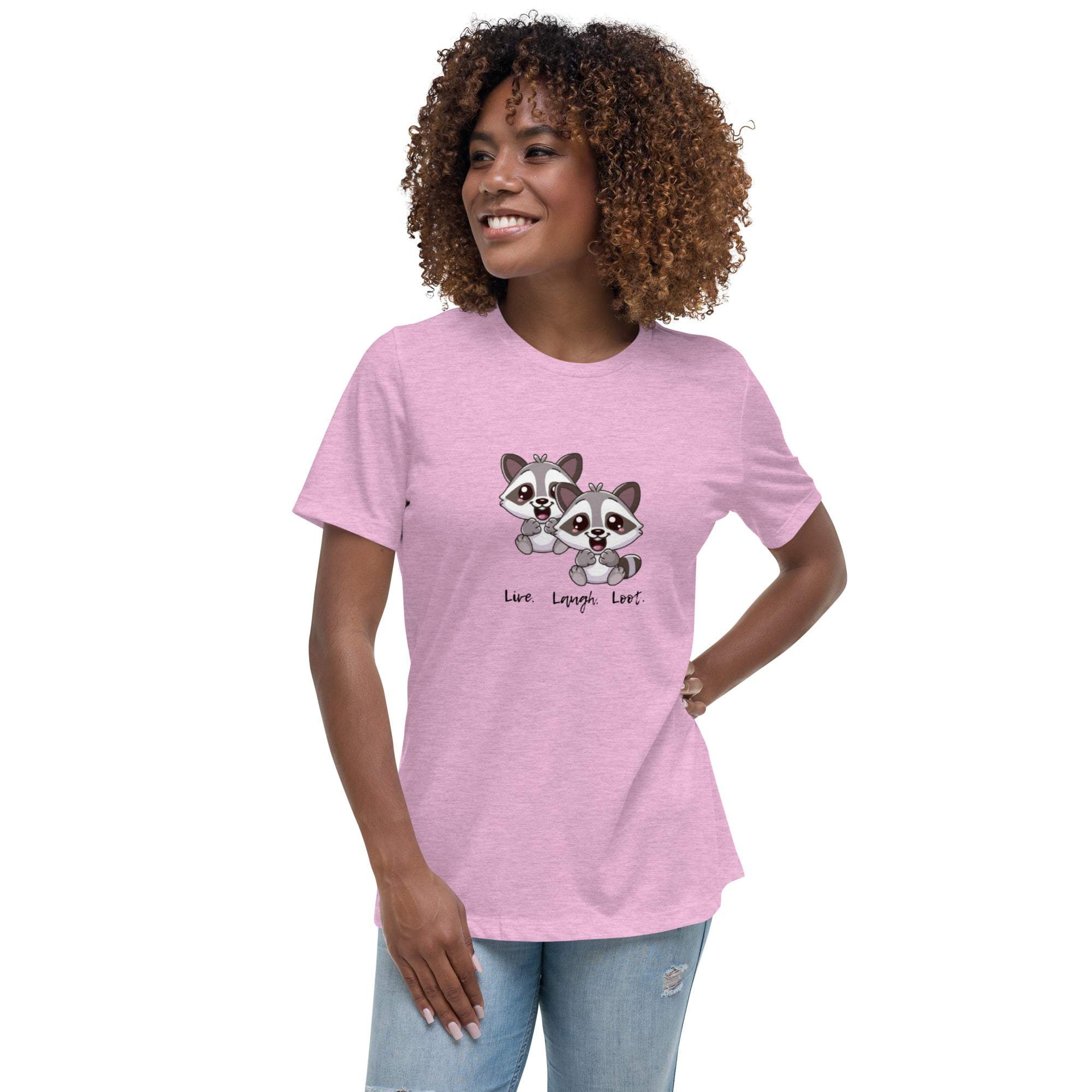 Woman wearing a pink Live Laugh Loot T-Shirt with cute raccoon graphic and casual jeans
