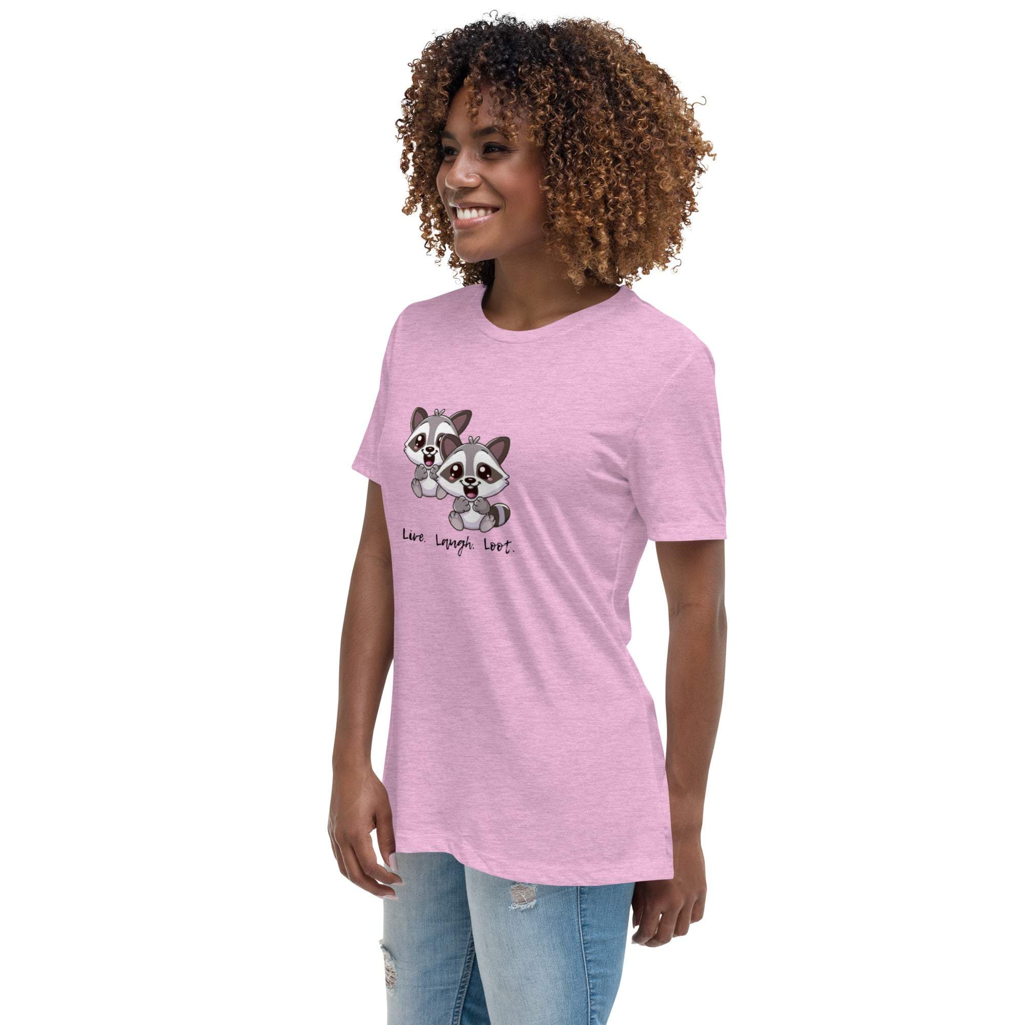 Woman wearing pink Live Laugh Loot T-Shirt with cute raccoon graphic and casual jeans