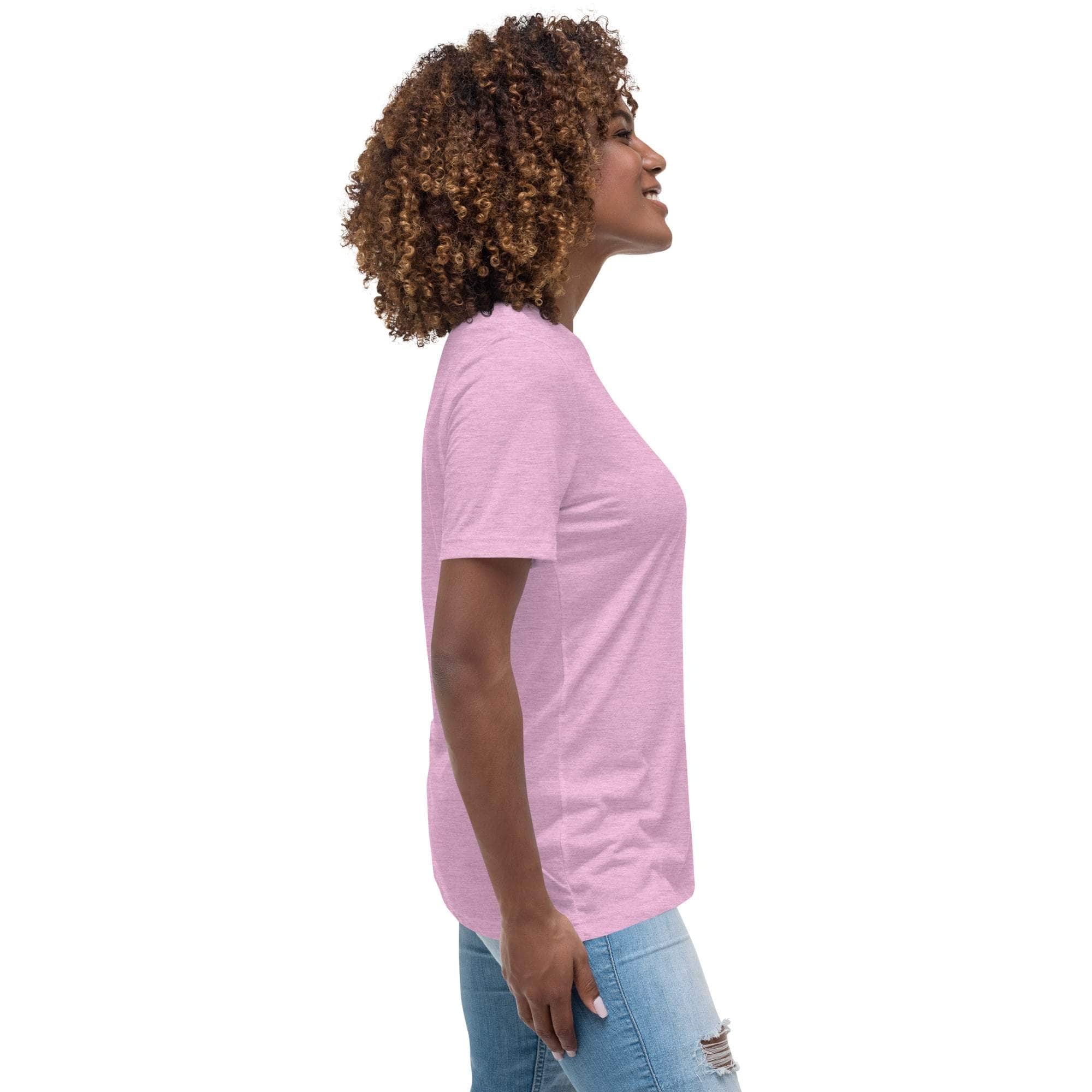 Woman wearing a pink Live Laugh Loot T-Shirt with a relaxed unisex fit and short sleeves.
