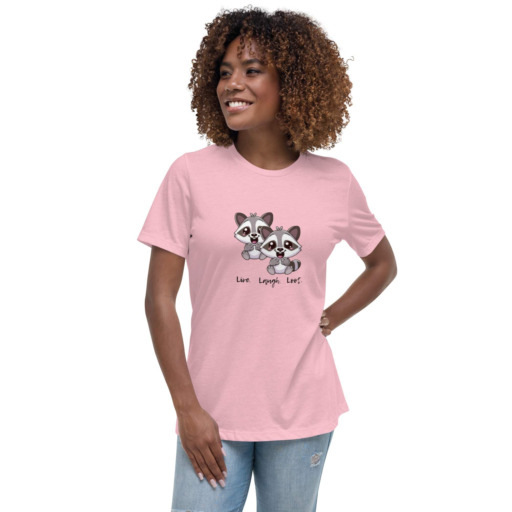 Woman wearing pink Live Laugh Loot T-Shirt with cute raccoon graphic and text on front