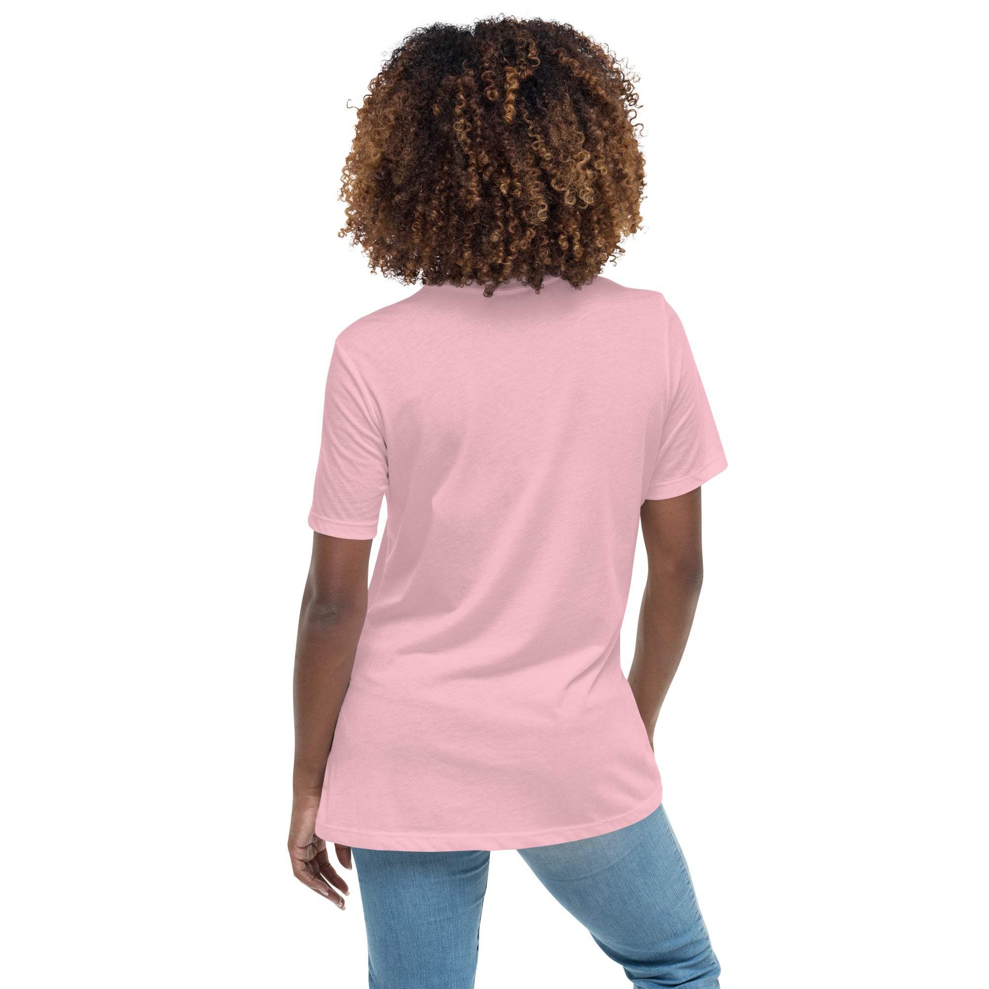 Back view of a woman wearing a soft pink Live Laugh Loot T-Shirt made of breathable cotton with a unisex fit