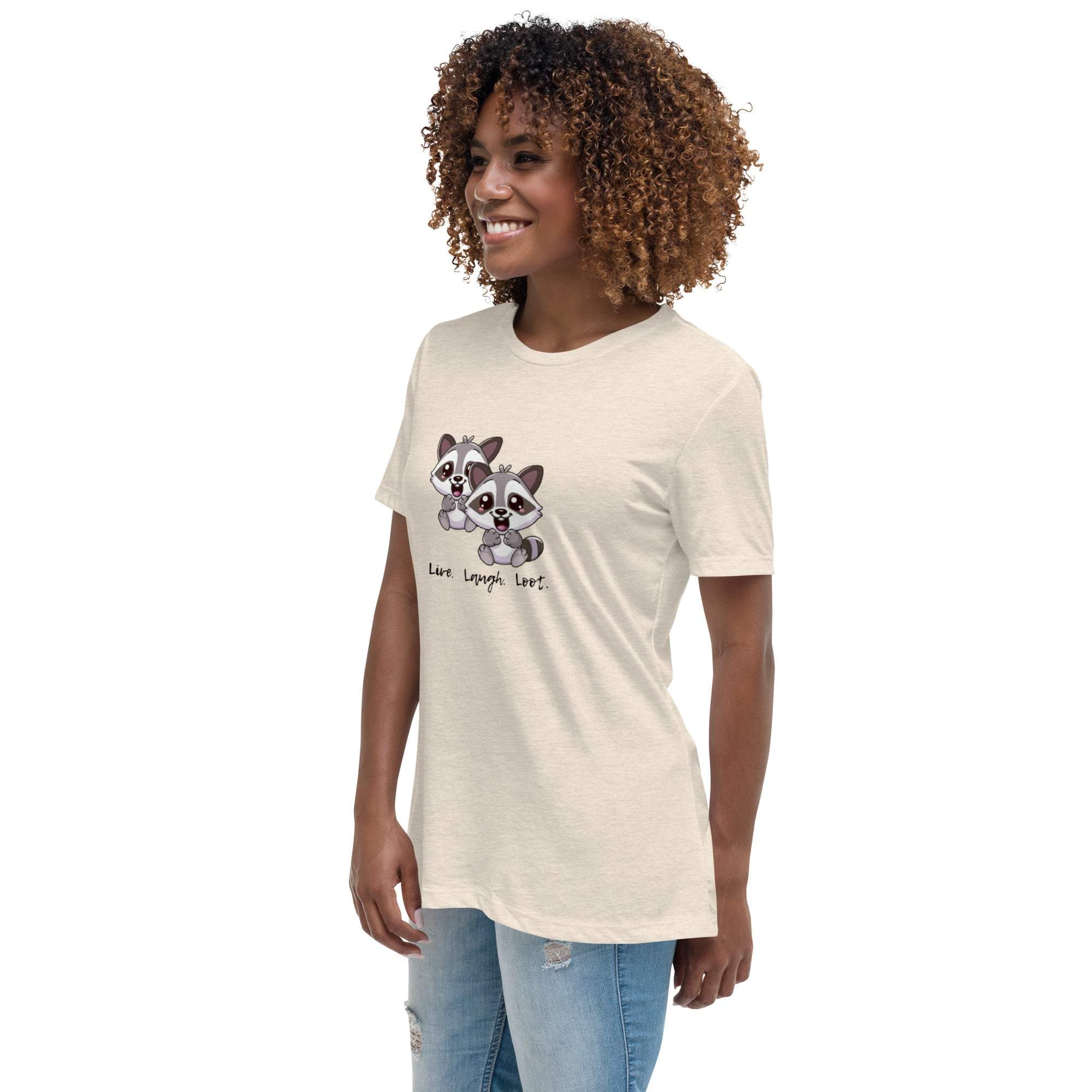 Woman wearing a beige Live Laugh Loot T-Shirt with cute raccoon graphic and casual jeans