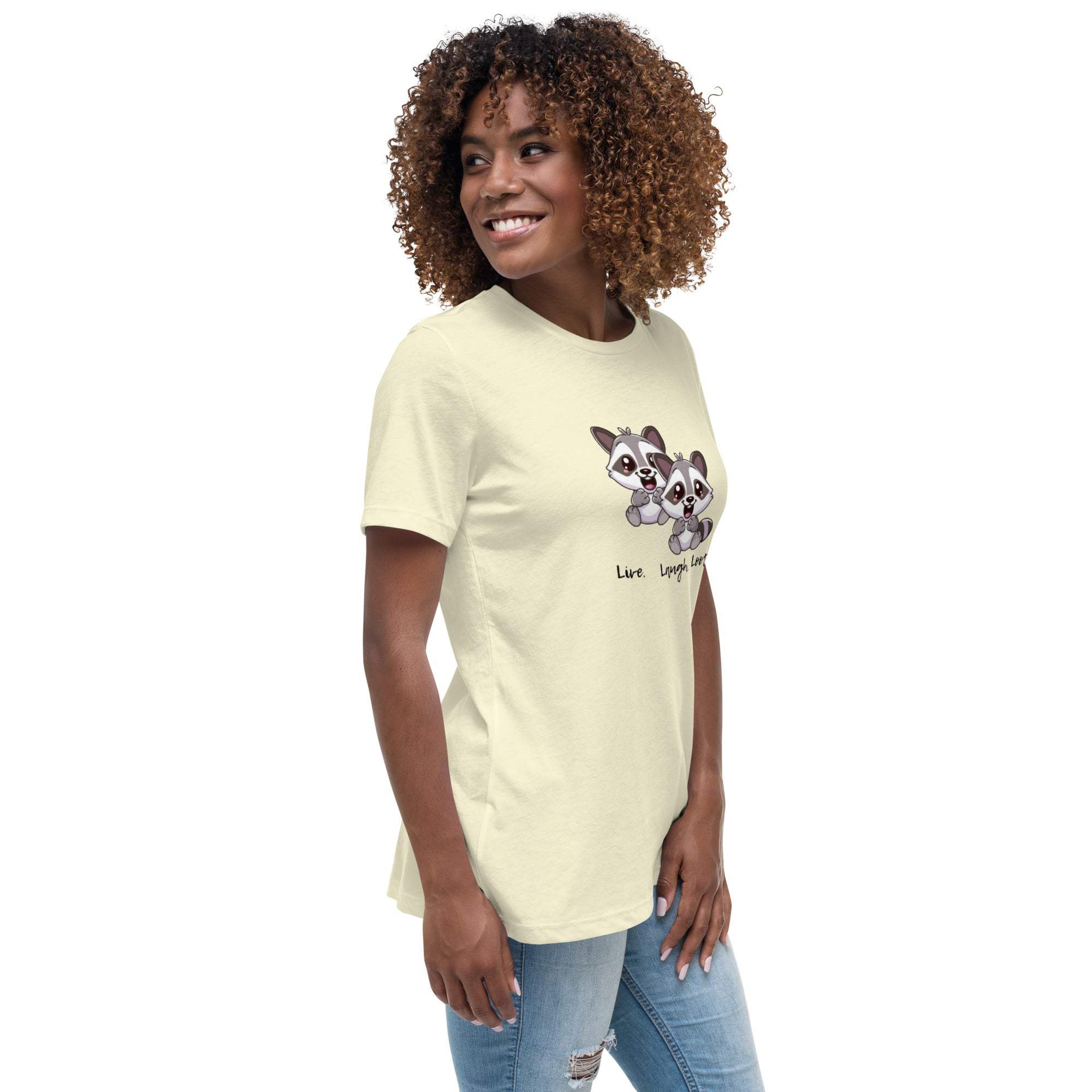 Unisex Live Laugh Loot T-Shirt featuring cute raccoon design, soft cotton fabric, casual fit for everyday wear