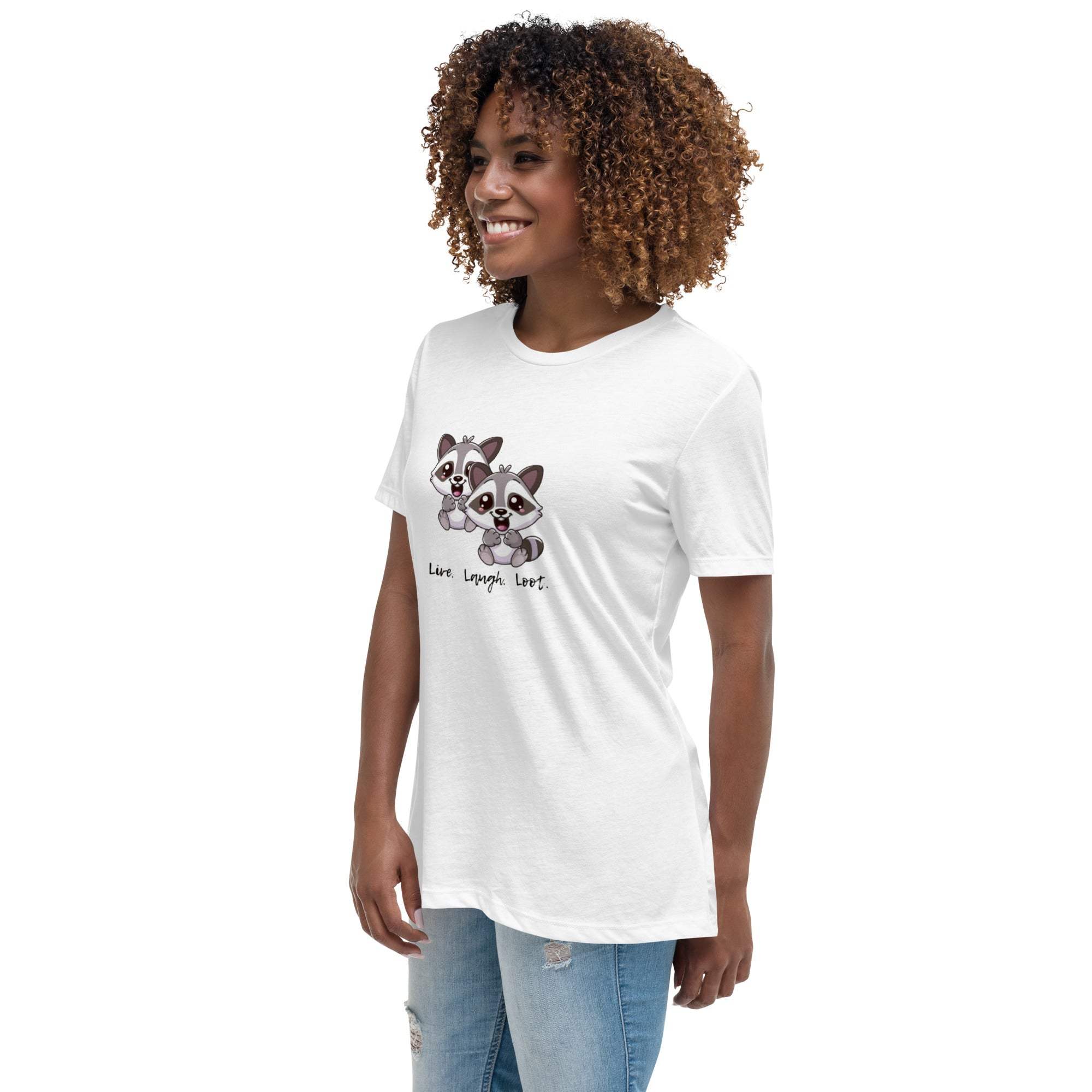 Woman wearing a white Live Laugh Loot T-Shirt with an adorable raccoon graphic and casual jeans