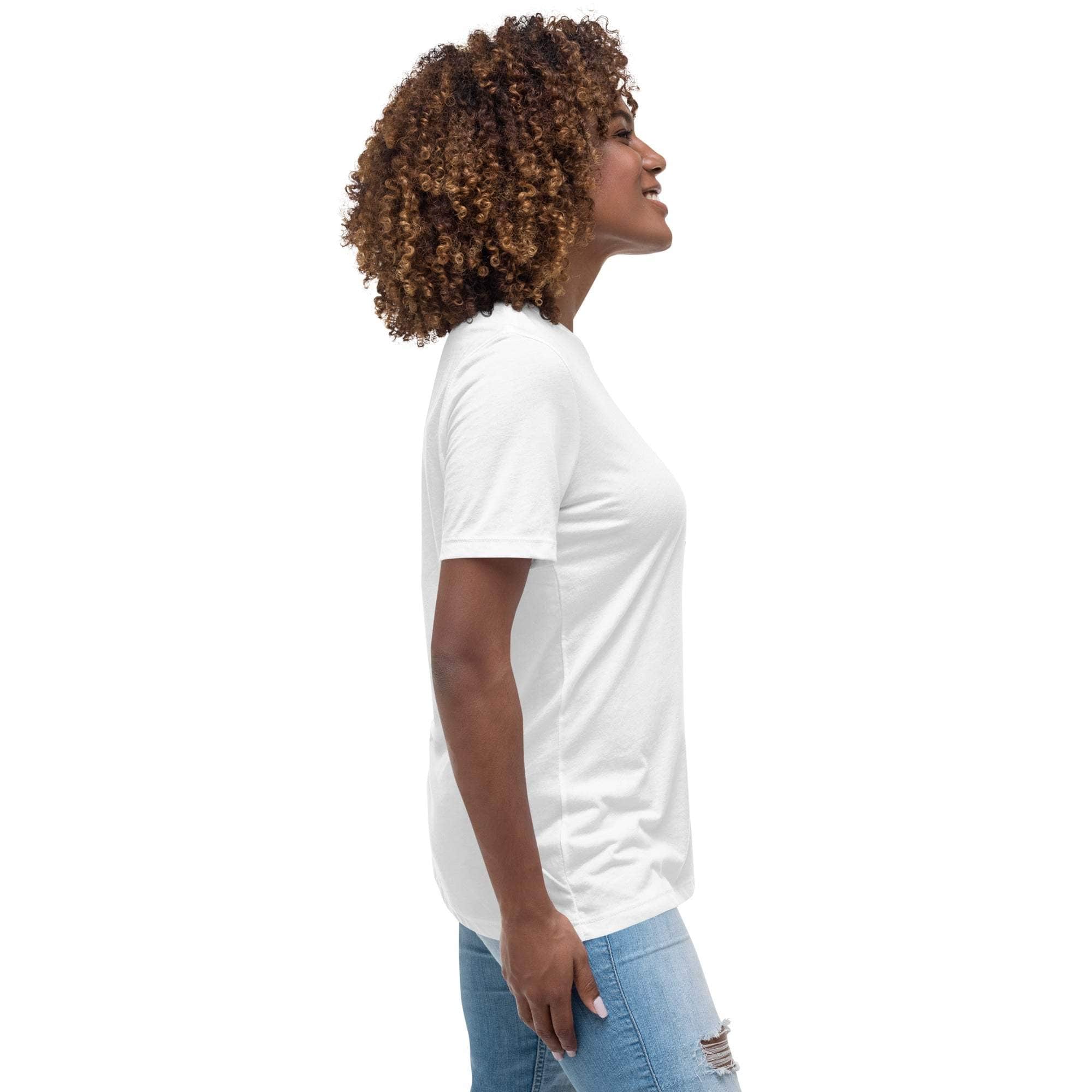 Side view of a woman wearing a plain white Live Laugh Loot T-Shirt with short sleeves and blue jeans